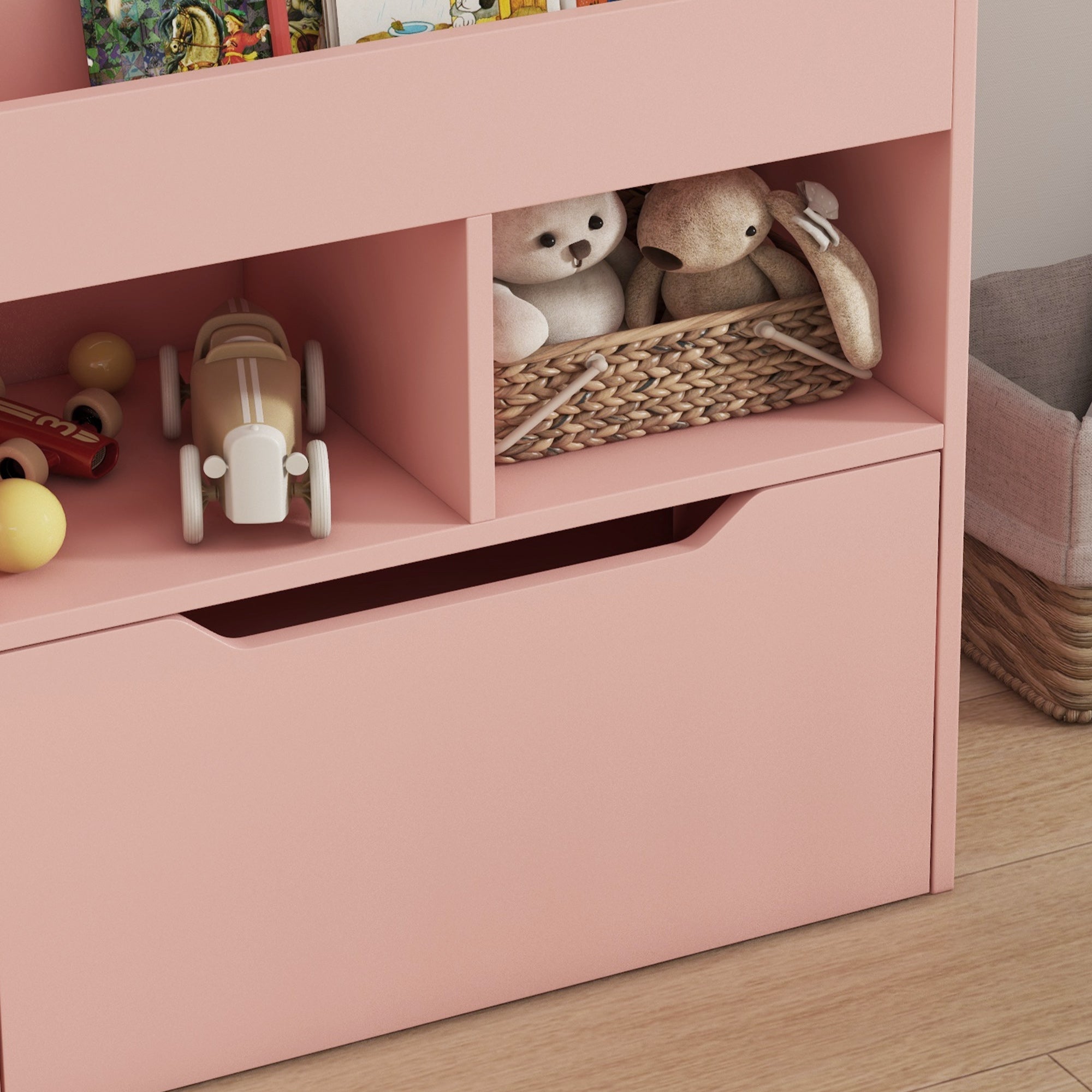 Children's Bookshelf Kids Shelf with Drawer, 3 Shelves and 2 Open Shelves, Storage Shelf for Kids Room, Playroom, Pink, 60 x 29.9 x 90 cm