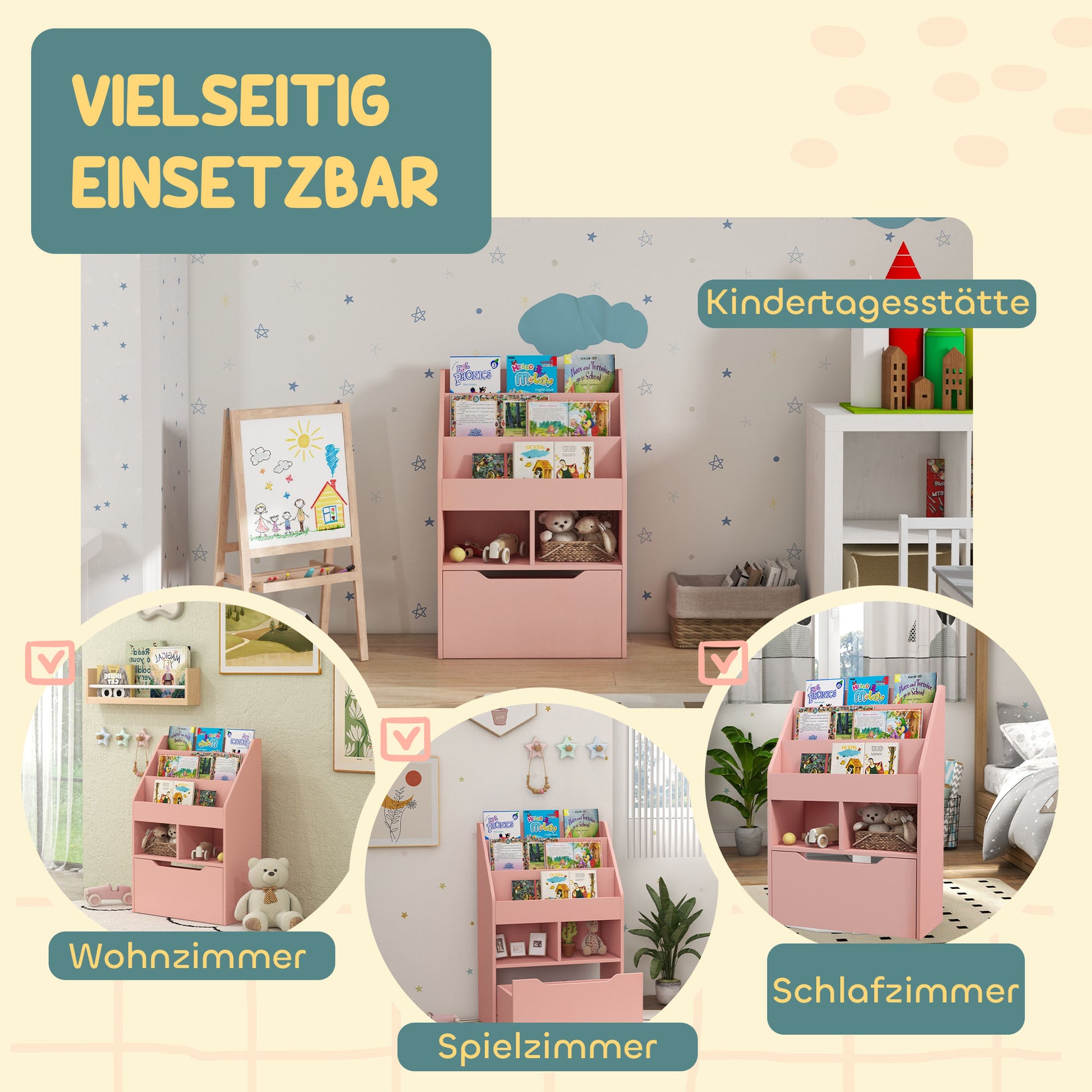 Children's Bookshelf Kids Shelf with Drawer, 3 Shelves and 2 Open Shelves, Storage Shelf for Kids Room, Playroom, Pink, 60 x 29.9 x 90 cm