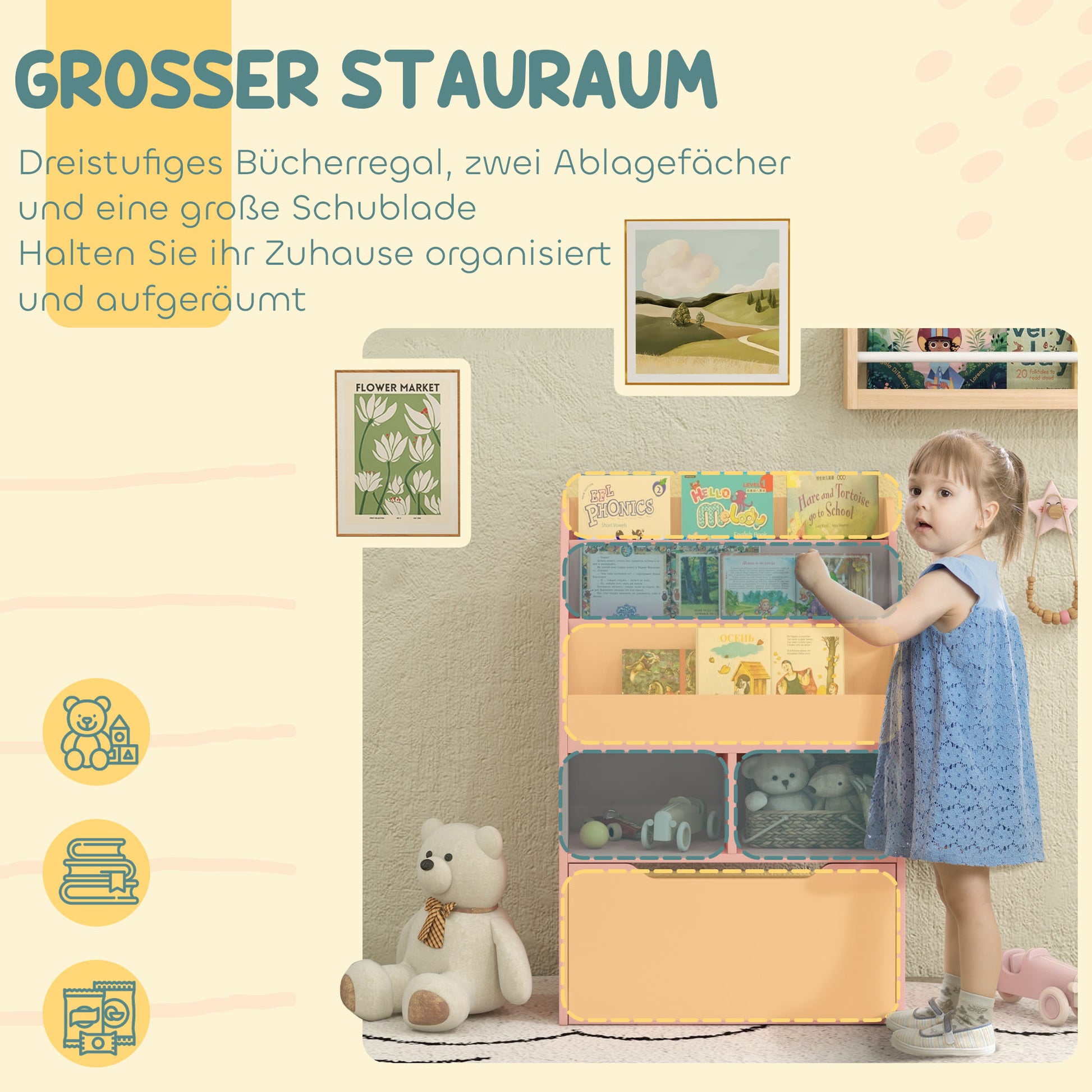 Children's Bookshelf Kids Shelf with Drawer, 3 Shelves and 2 Open Shelves, Storage Shelf for Kids Room, Playroom, Pink, 60 x 29.9 x 90 cm