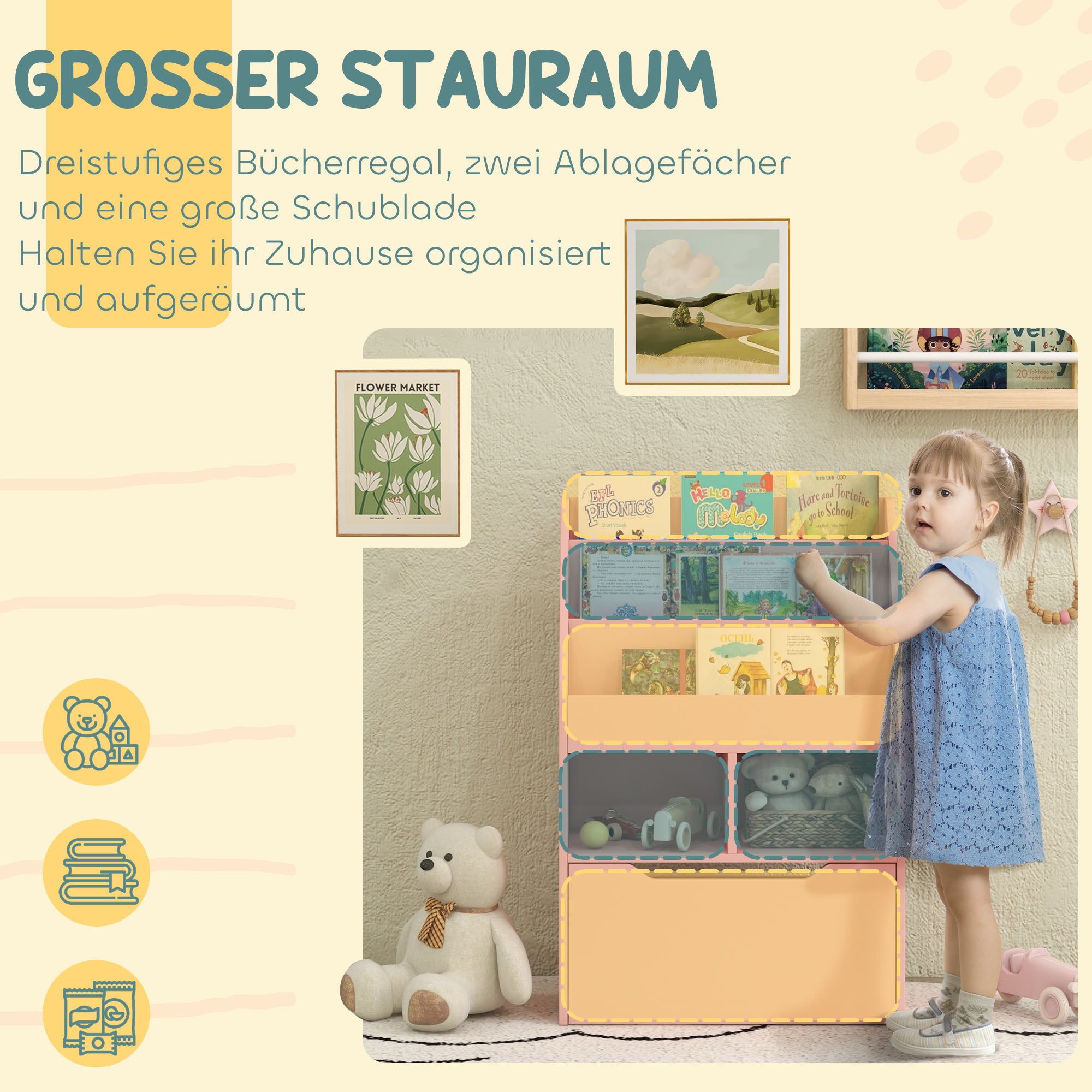 Children's Bookshelf Kids Shelf with Drawer, 3 Shelves and 2 Open Shelves, Storage Shelf for Kids Room, Playroom, Pink, 60 x 29.9 x 90 cm