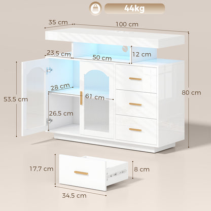 High-Gloss Sideboard with 7-Color RGB LED, Built-In AC Outlets & USB, 3 Drawers, Open Shelves, 2 Acrylic Doors, Soft-Close Hinges — Fits up to 72" TV, White (39.4" x 13.8" x 31.5")
