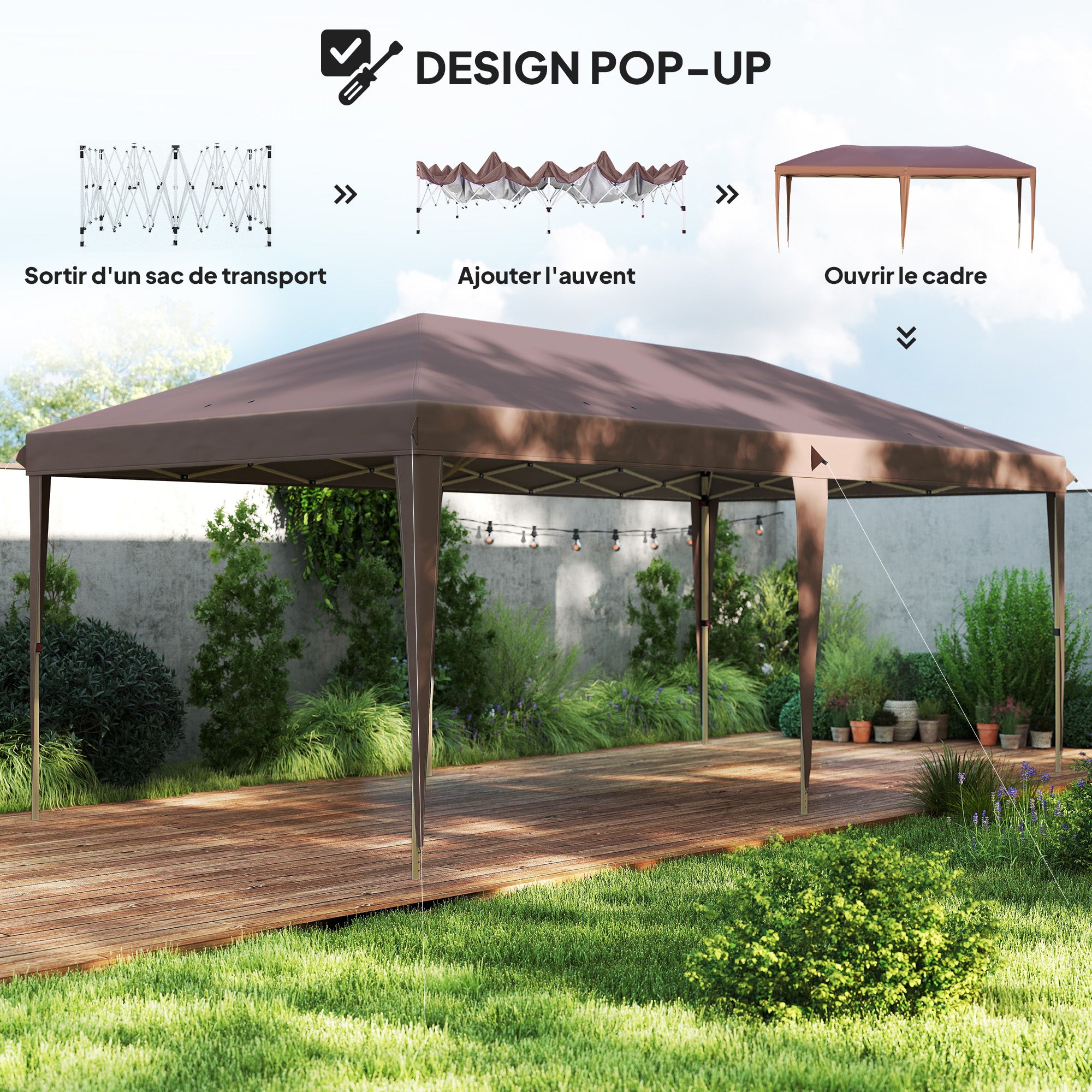 Folding Gazebo 3x6m Outdoor Garden Canopy Pop-Up Gazebo Folding Tent Included Epoxy Steel High-Density Oxford Brown