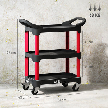 Workshop Trolley with 3 Levels Tool Cart with Handle Assembly Trolley for Garage, Warehouse, max. 68 kg Load Capacity, Black