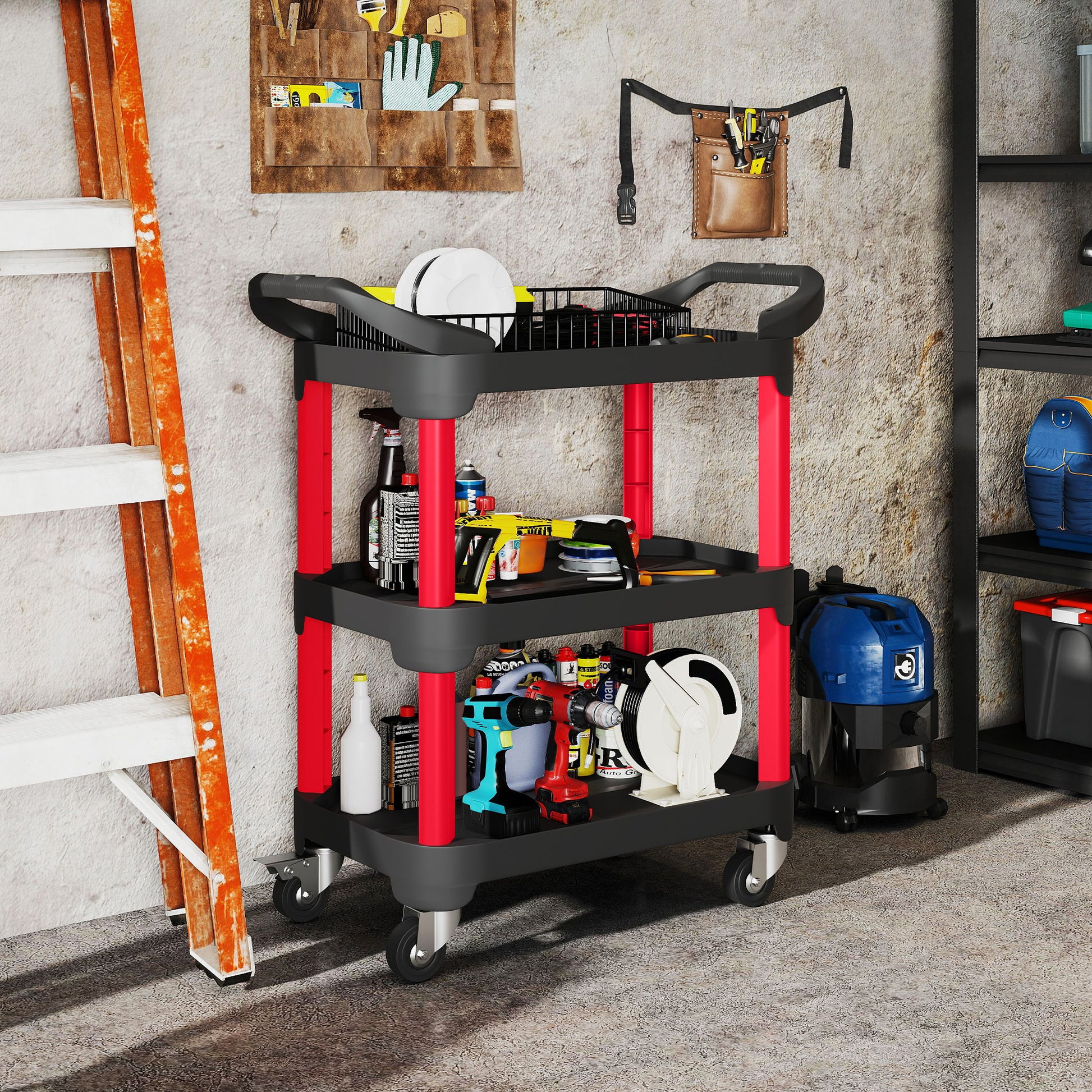 Workshop Trolley with 3 Levels Tool Cart with Handle Assembly Trolley for Garage, Warehouse, max. 68 kg Load Capacity, Black