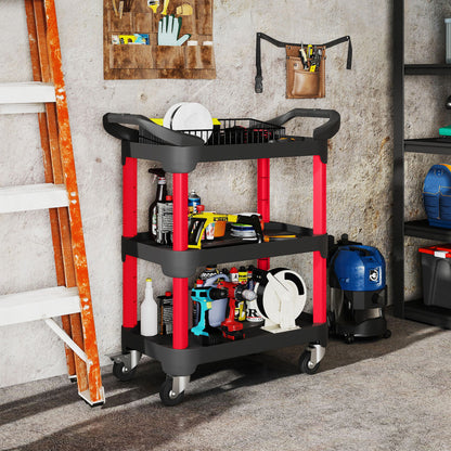 Workshop Trolley with 3 Levels Tool Cart with Handle Assembly Trolley for Garage, Warehouse, max. 68 kg Load Capacity, Black