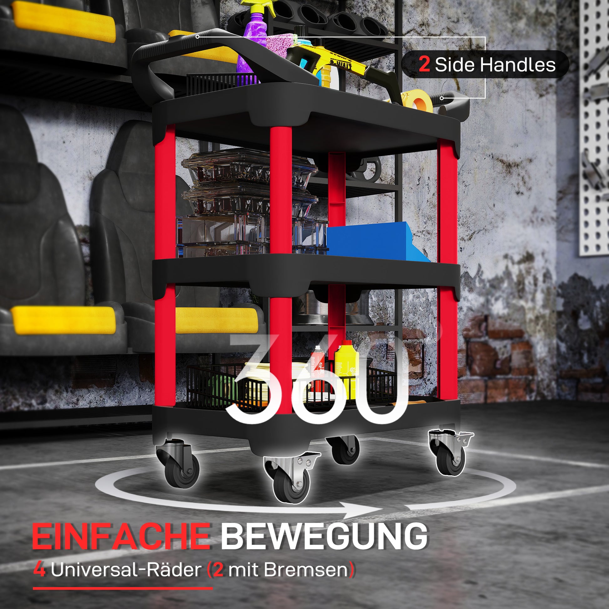 Workshop Trolley with 3 Levels Tool Cart with Handle Assembly Trolley for Garage, Warehouse, max. 68 kg Load Capacity, Black