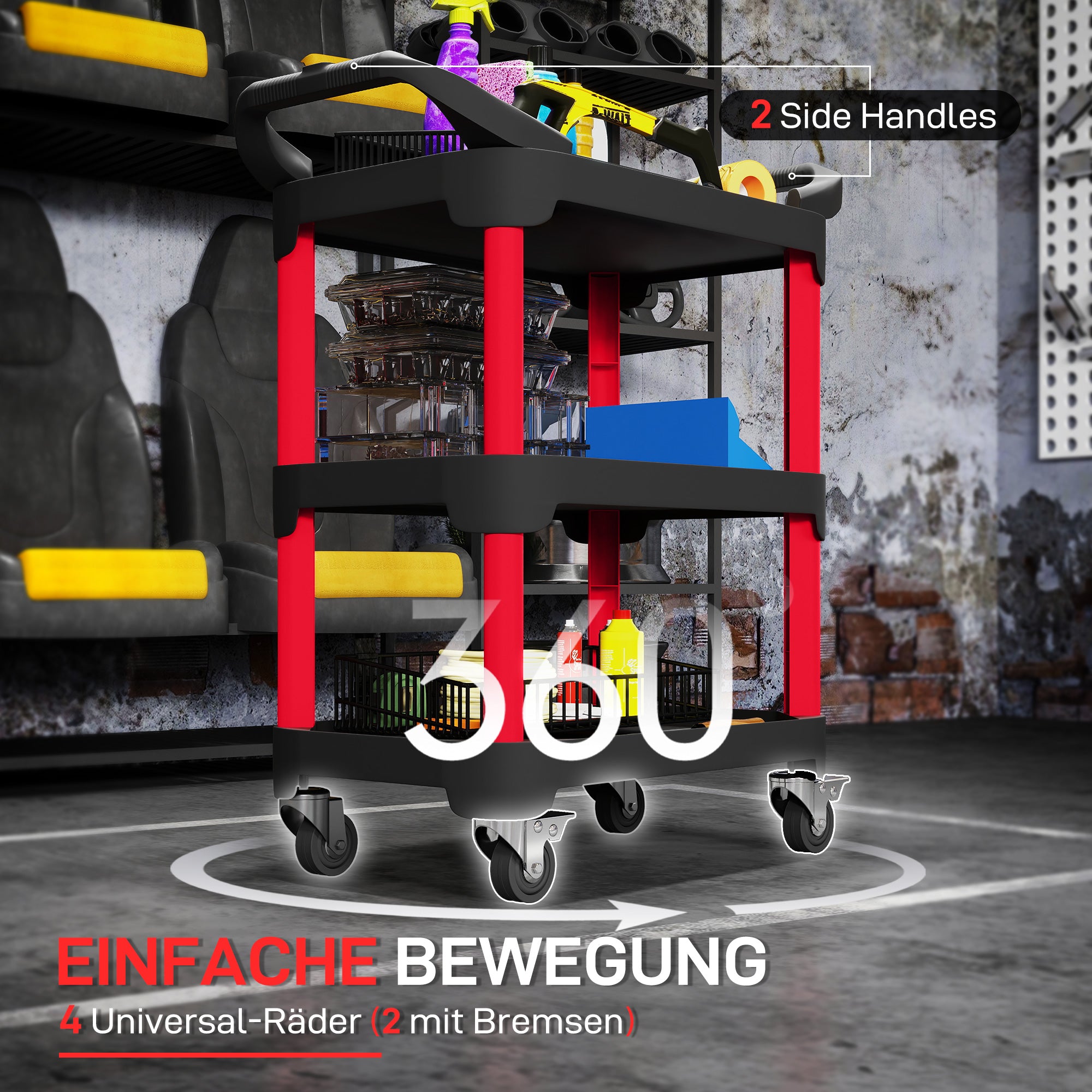 Workshop Trolley with 3 Levels Tool Cart with Handle Assembly Trolley for Garage, Warehouse, max. 68 kg Load Capacity, Black