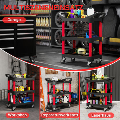 Workshop Trolley with 3 Levels Tool Cart with Handle Assembly Trolley for Garage, Warehouse, max. 68 kg Load Capacity, Black