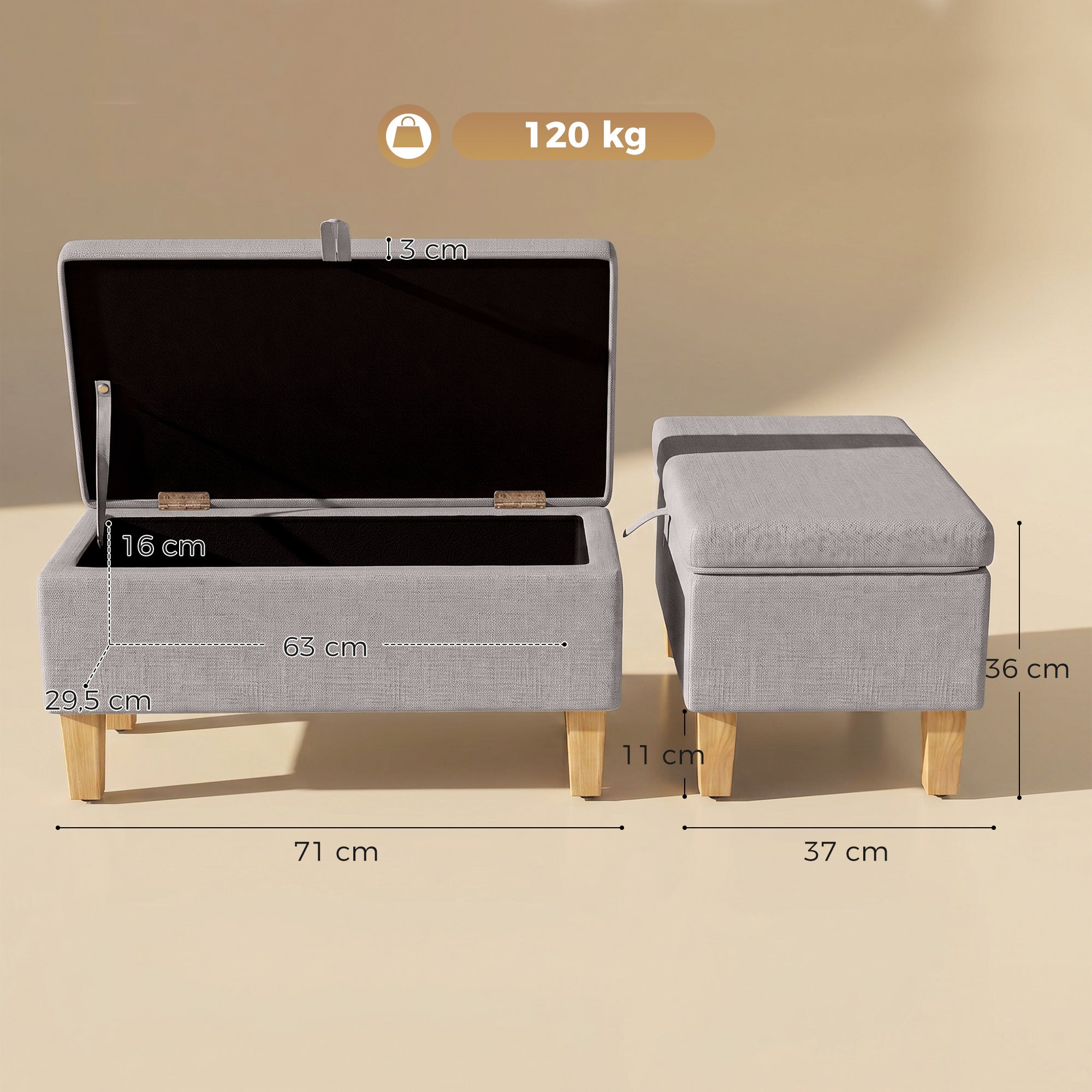 Storage Bench — Linen-Upholstered End-of-Bed Ottoman with Rubberwood Legs, Light Gray, 71 x 37 x 36 cm (28.0 x 14.6 x 14.2 in)