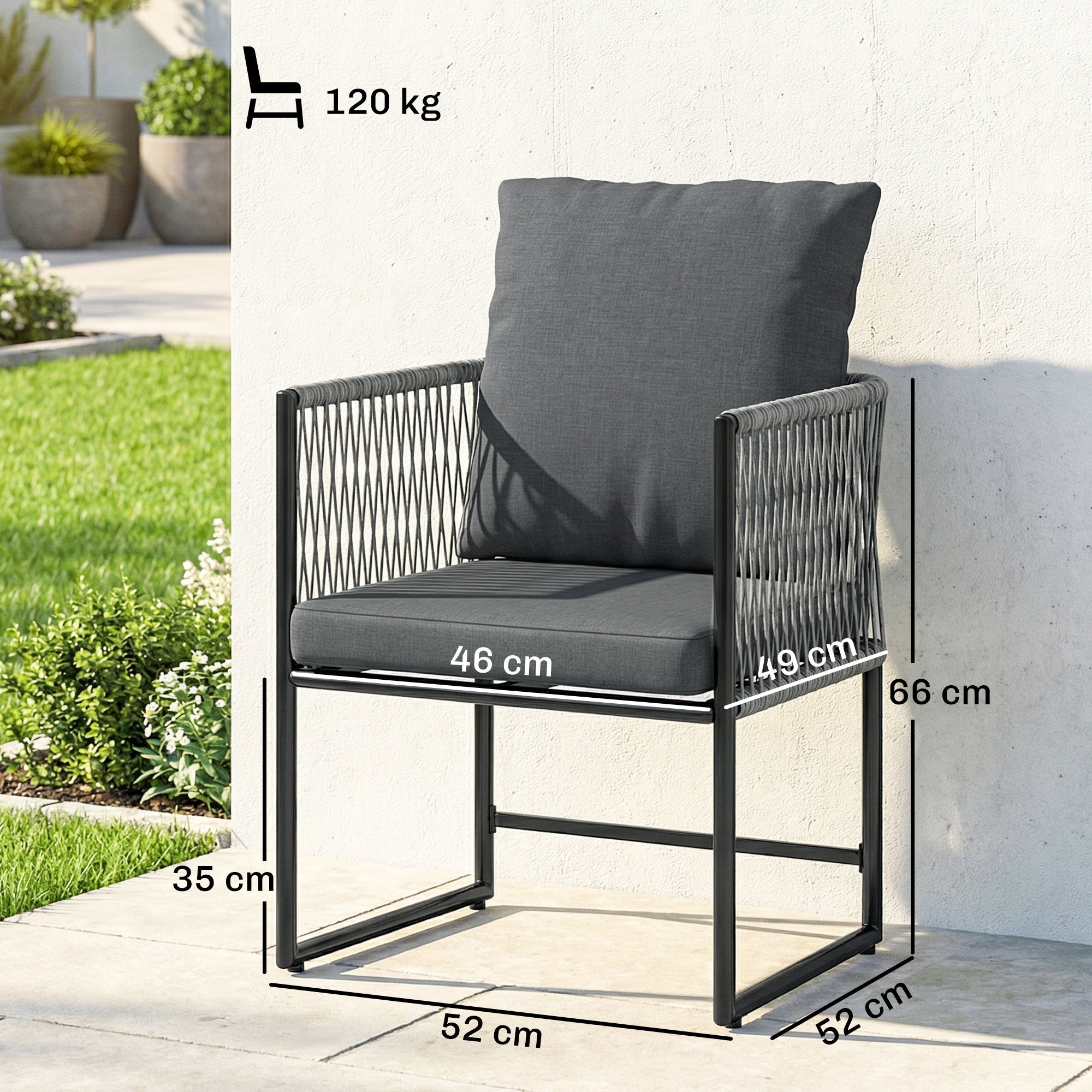 2-Pack Weatherproof Garden Chairs — Steel Frame PE Rattan Patio Chairs with Cushions, Armrests & Backrests, Up to 265 lb Capacity, Dark Gray