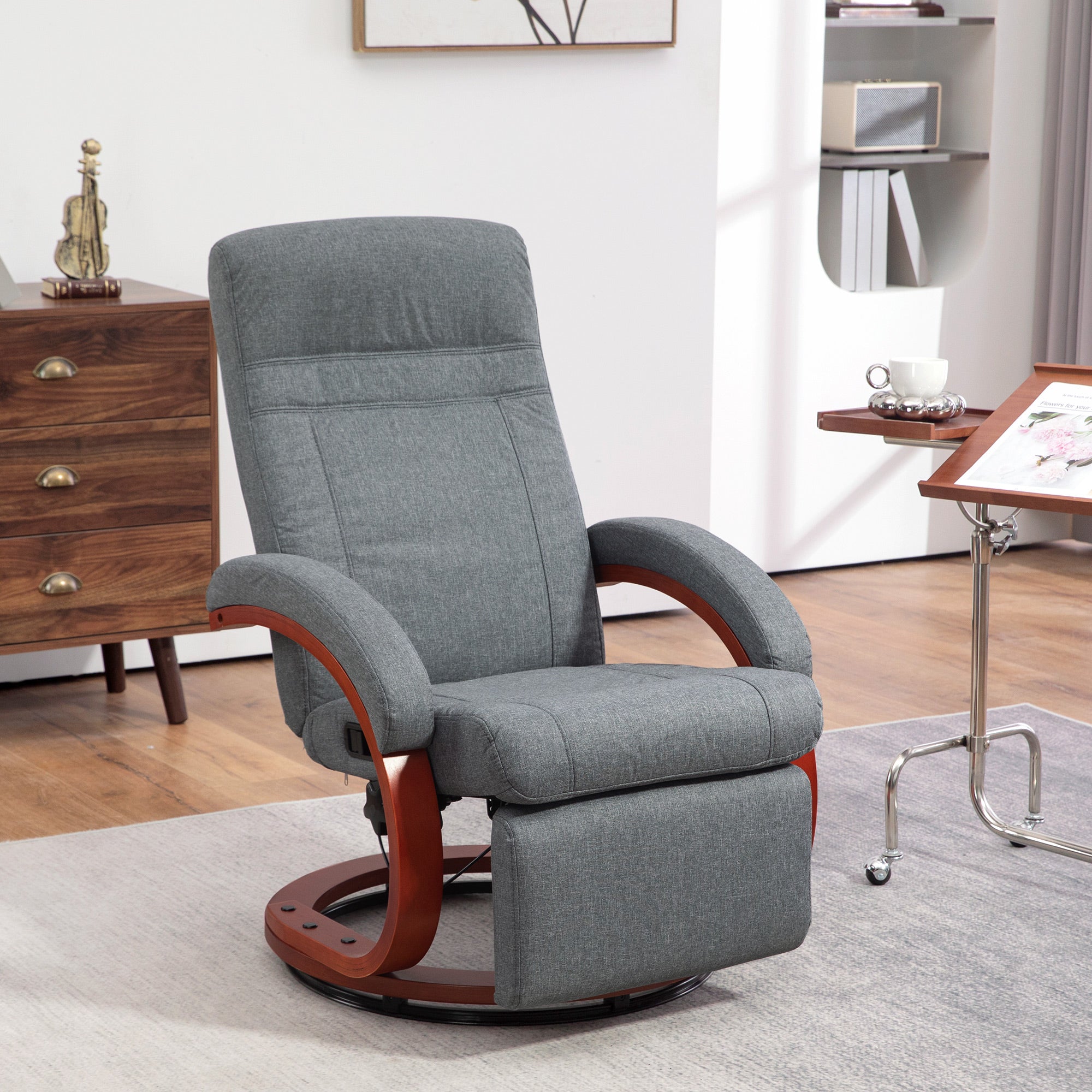Reclining Armchair TV Armchair with Footrest, Wooden Armrest, Swivel Recliner Chair with Adjustable Backrest, Reclining Armchair, Fabric, Grey