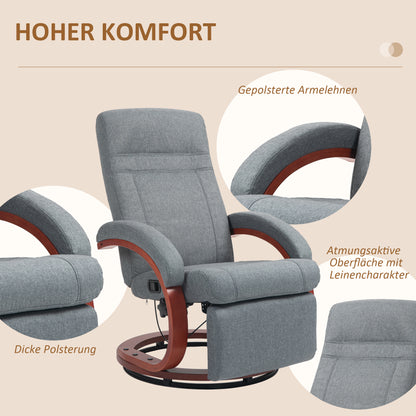 Reclining Armchair TV Armchair with Footrest, Wooden Armrest, Swivel Recliner Chair with Adjustable Backrest, Reclining Armchair, Fabric, Grey