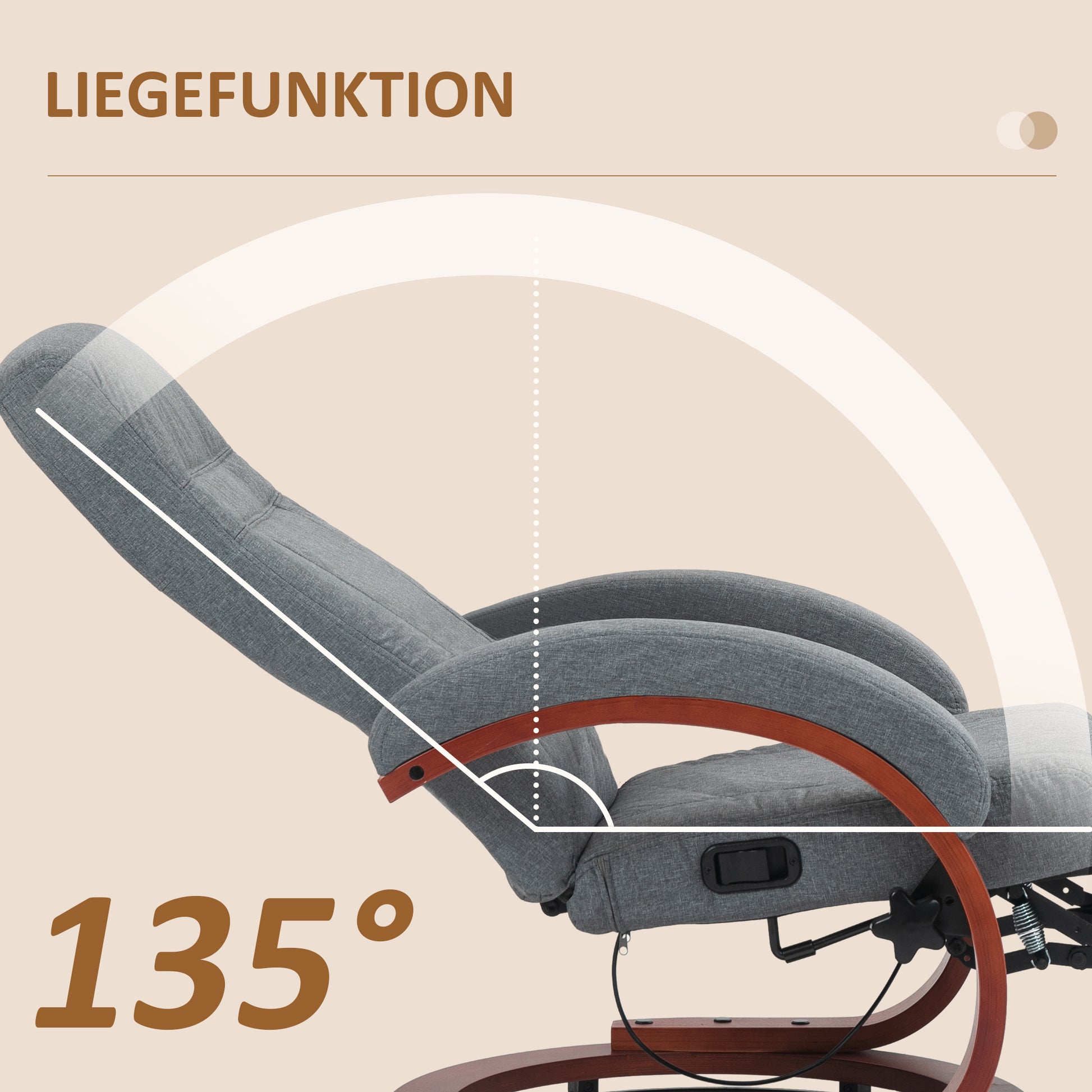 Reclining Armchair TV Armchair with Footrest, Wooden Armrest, Swivel Recliner Chair with Adjustable Backrest, Reclining Armchair, Fabric, Grey