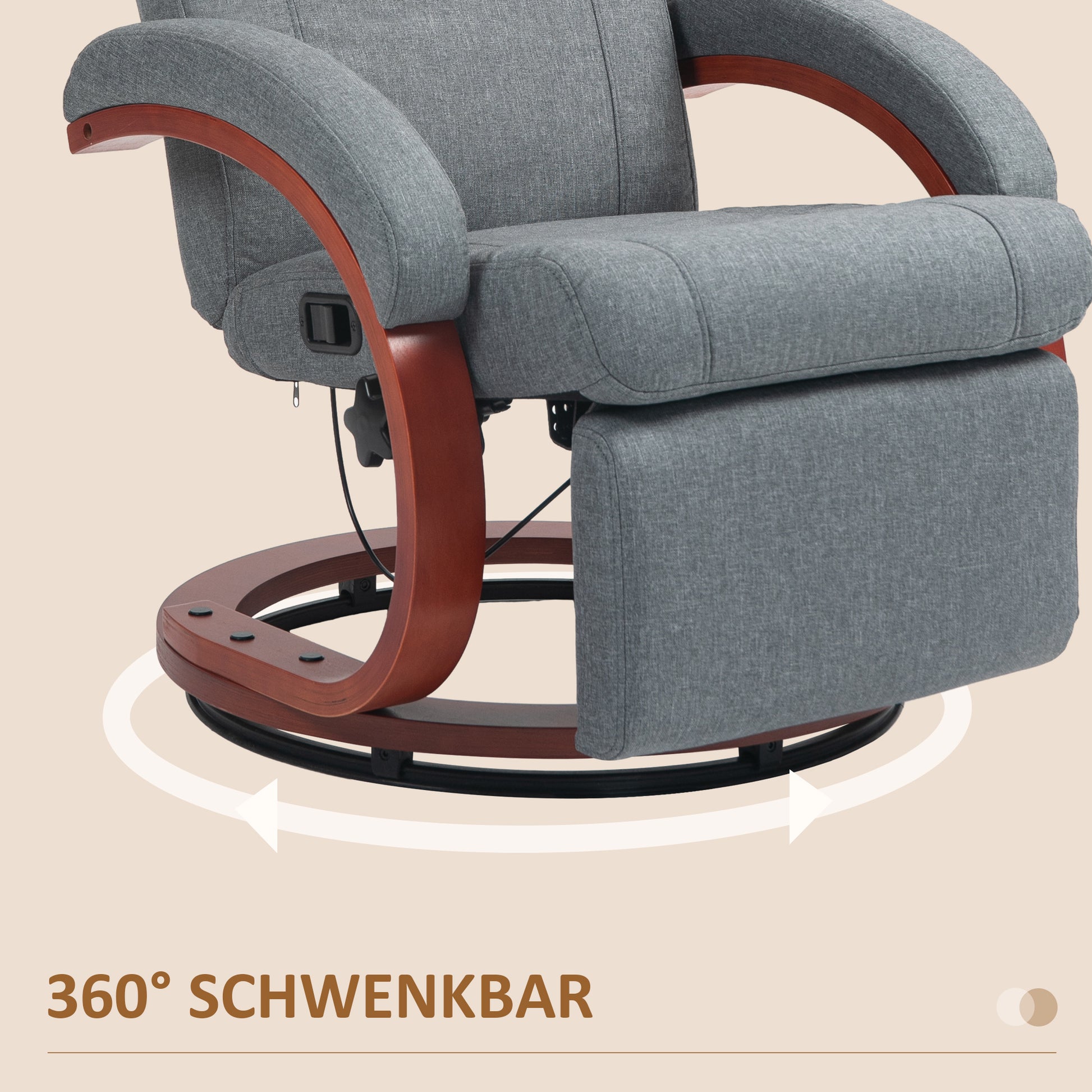 Reclining Armchair TV Armchair with Footrest, Wooden Armrest, Swivel Recliner Chair with Adjustable Backrest, Reclining Armchair, Fabric, Grey