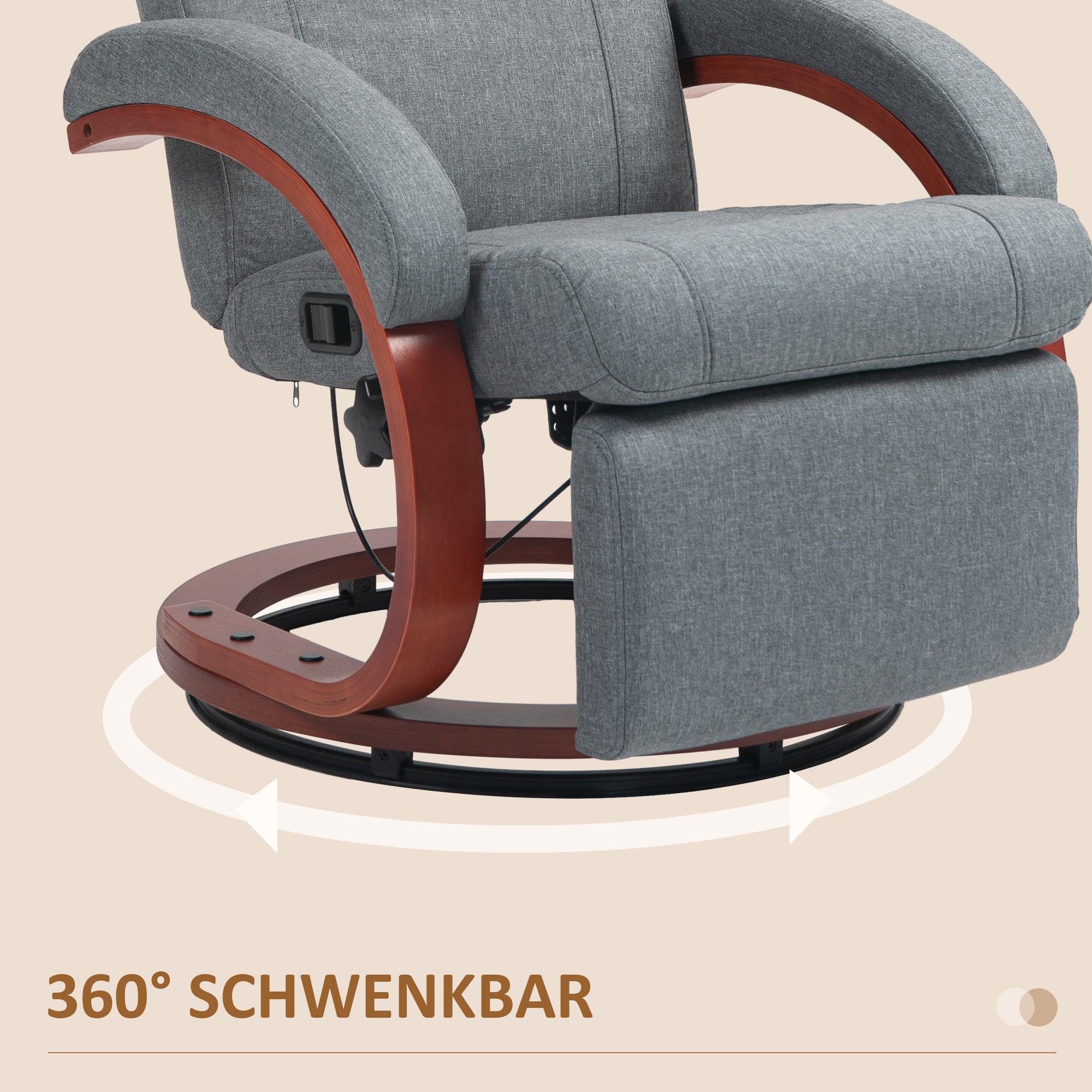 Reclining Armchair TV Armchair with Footrest, Wooden Armrest, Swivel Recliner Chair with Adjustable Backrest, Reclining Armchair, Fabric, Grey