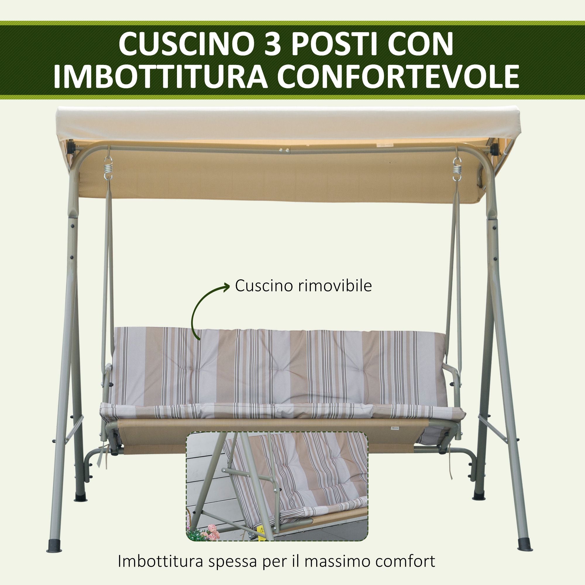 3-Seater Garden Swing with Steel Frame and Adjustable Sunshade Canopy, Padded Cushions and Armrests, 172x110x156cm