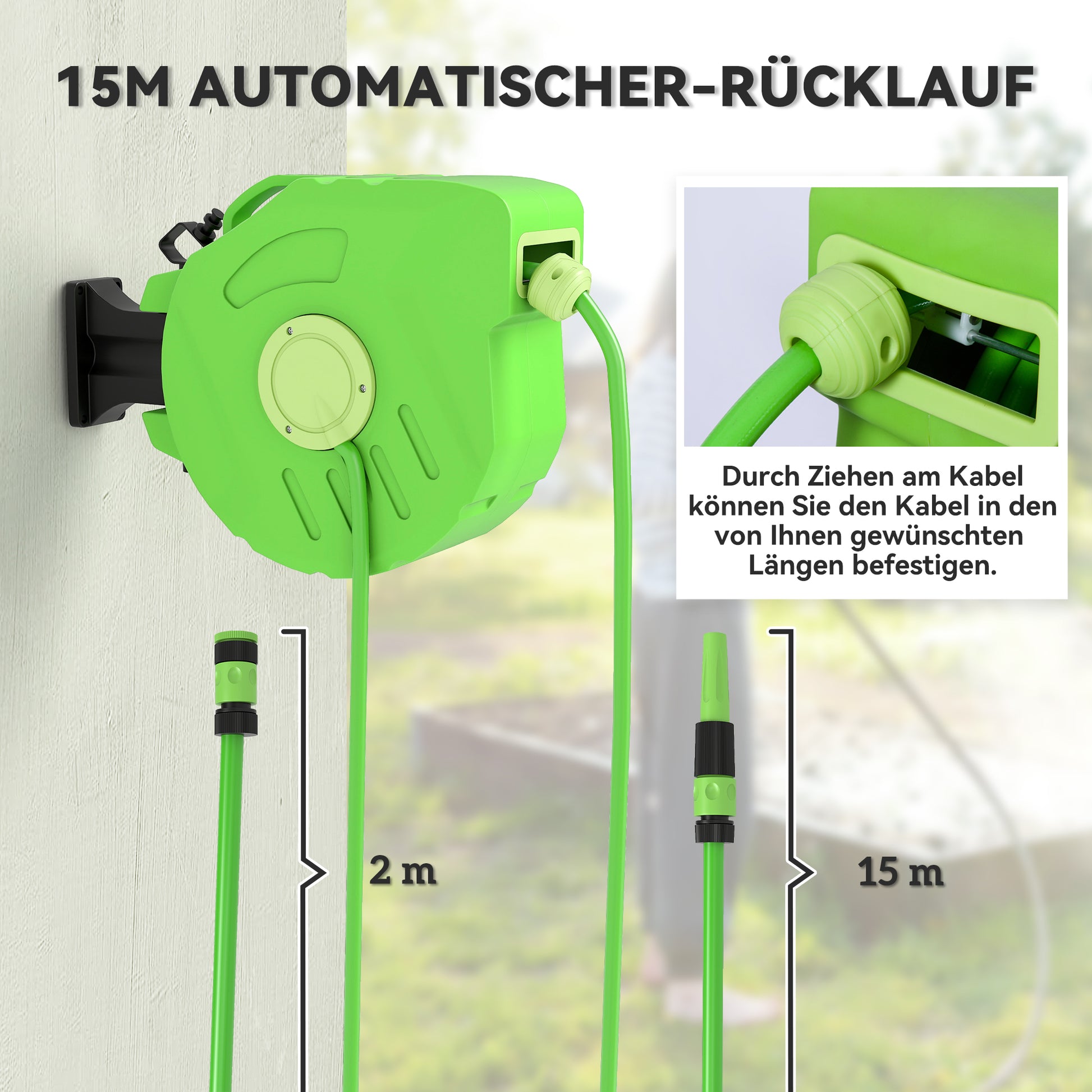 Hose Reel 15+1.5m Automatic Hose Reel Air Swivel Garden 180° Swivel Air Hose Green