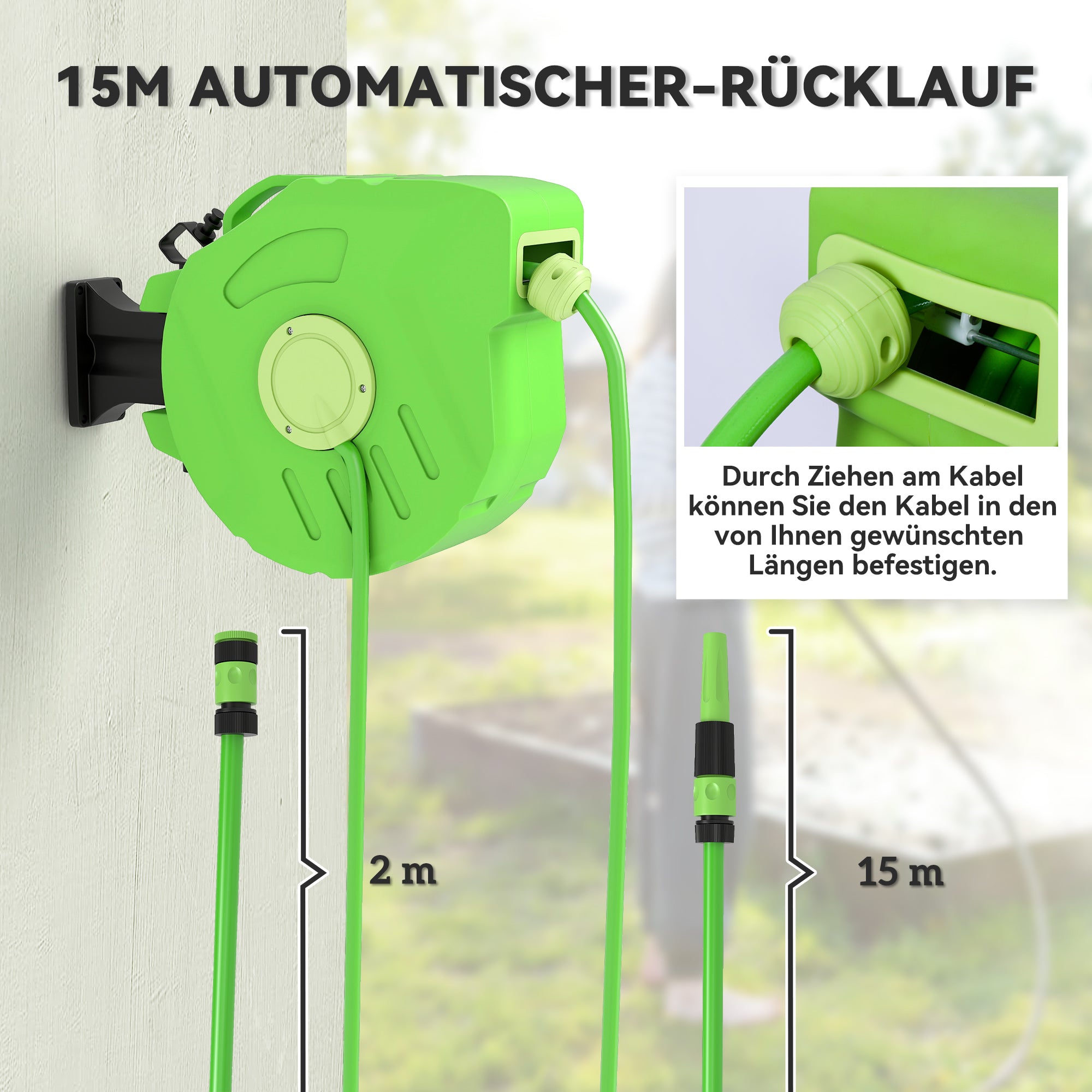 Hose Reel 15+1.5m Automatic Hose Reel Air Swivel Garden 180° Swivel Air Hose Green