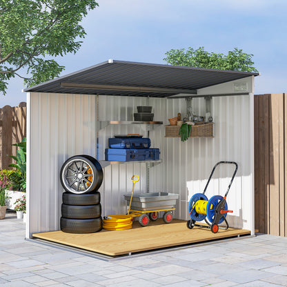 Garden Shed Steel Tool Shed 1.5x2m with Base, Garden Shed with Sliding Door, Sloping Roof, Shelves, Hooks, and Air Vents, White