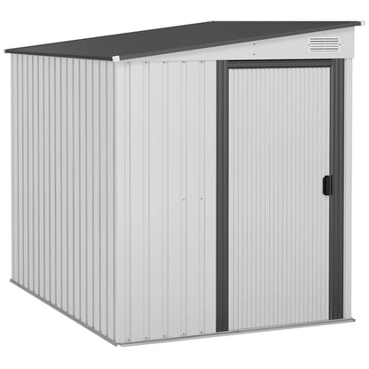 Garden Shed Steel Tool Shed 1.5x2m with Base, Garden Shed with Sliding Door, Sloping Roof, Shelves, Hooks, and Air Vents, White