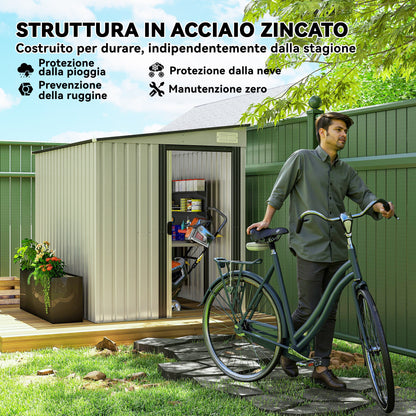 Garden Shed Steel Tool Shed 1.5x2m with Base, Garden Shed with Sliding Door, Sloping Roof, Shelves, Hooks, and Air Vents, White