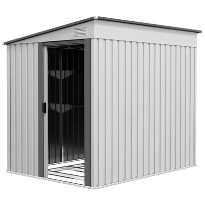 Garden Shed Steel Tool Shed 1.5x2m with Base, Garden Shed with Sliding Door, Sloping Roof, Shelves, Hooks, and Air Vents, White