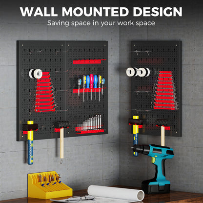 Wall Storage Pegboard System 23.6 x 15.7 in, 28-Piece Tool Rack with Hooks & Compartments, Black/Red