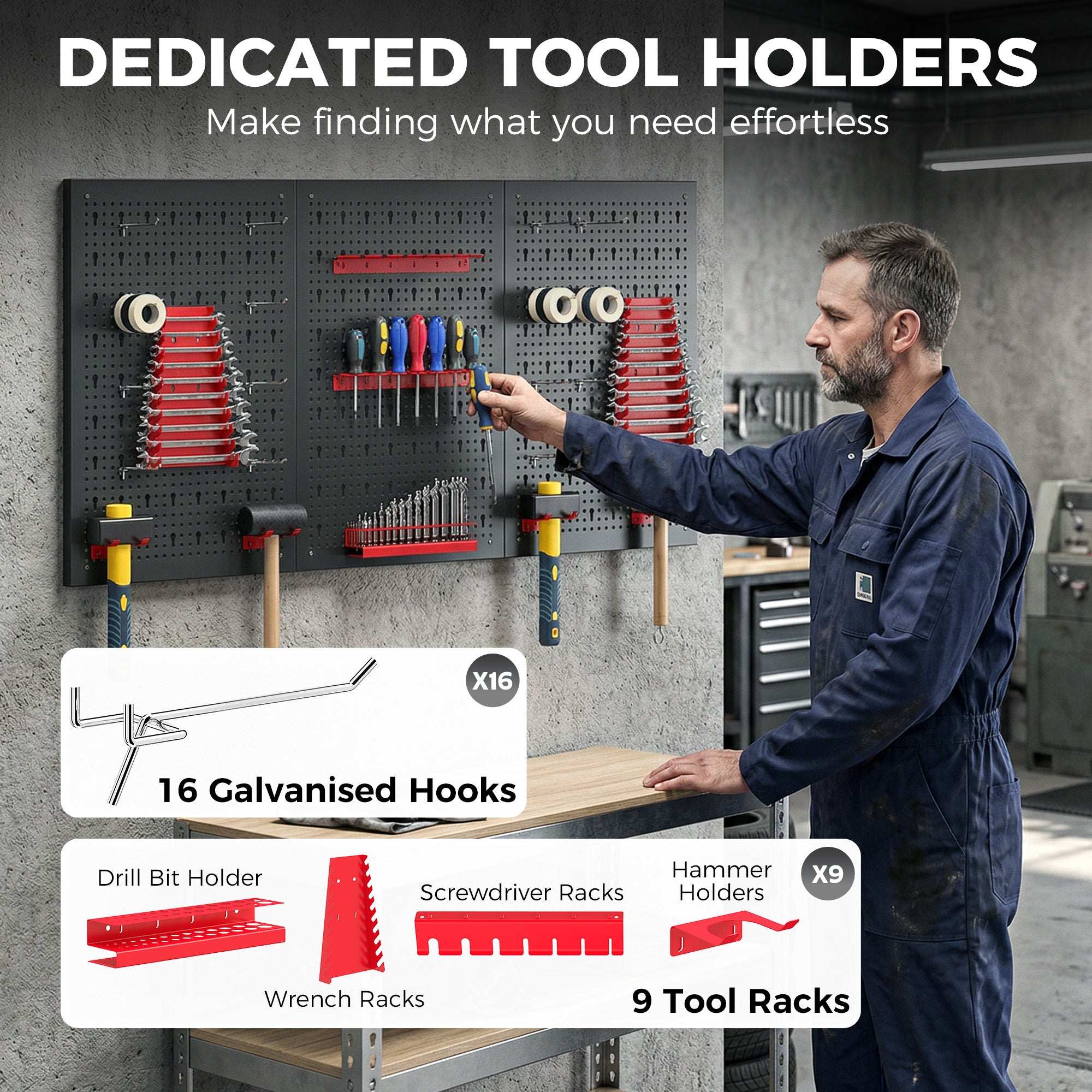Wall Storage Pegboard System 23.6 x 15.7 in, 28-Piece Tool Rack with Hooks & Compartments, Black/Red