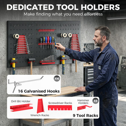 Wall Storage Pegboard System 23.6 x 15.7 in, 28-Piece Tool Rack with Hooks & Compartments, Black/Red