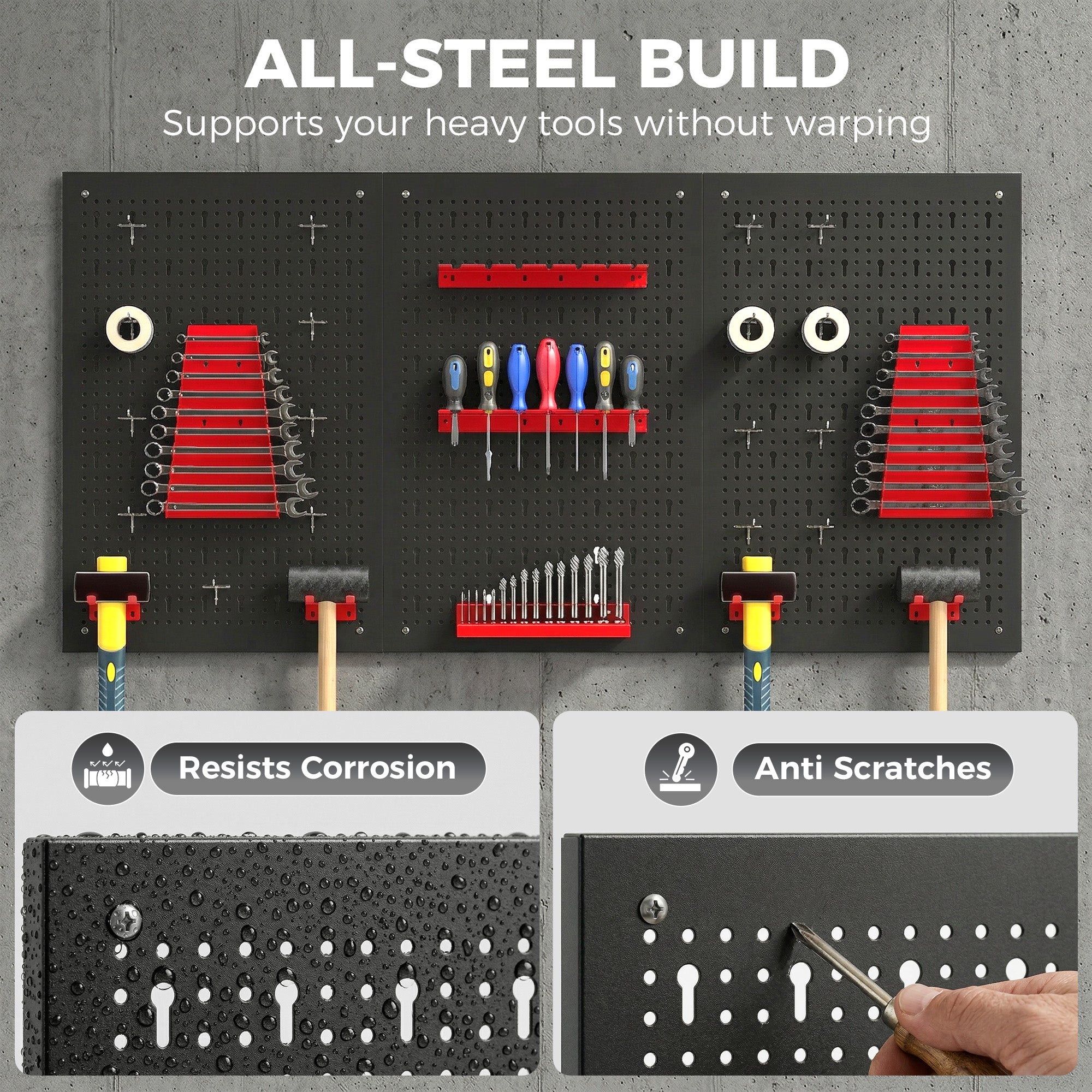 Wall Storage Pegboard System 23.6 x 15.7 in, 28-Piece Tool Rack with Hooks & Compartments, Black/Red