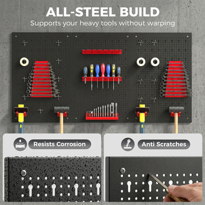 Wall Storage Pegboard System 23.6 x 15.7 in, 28-Piece Tool Rack with Hooks & Compartments, Black/Red