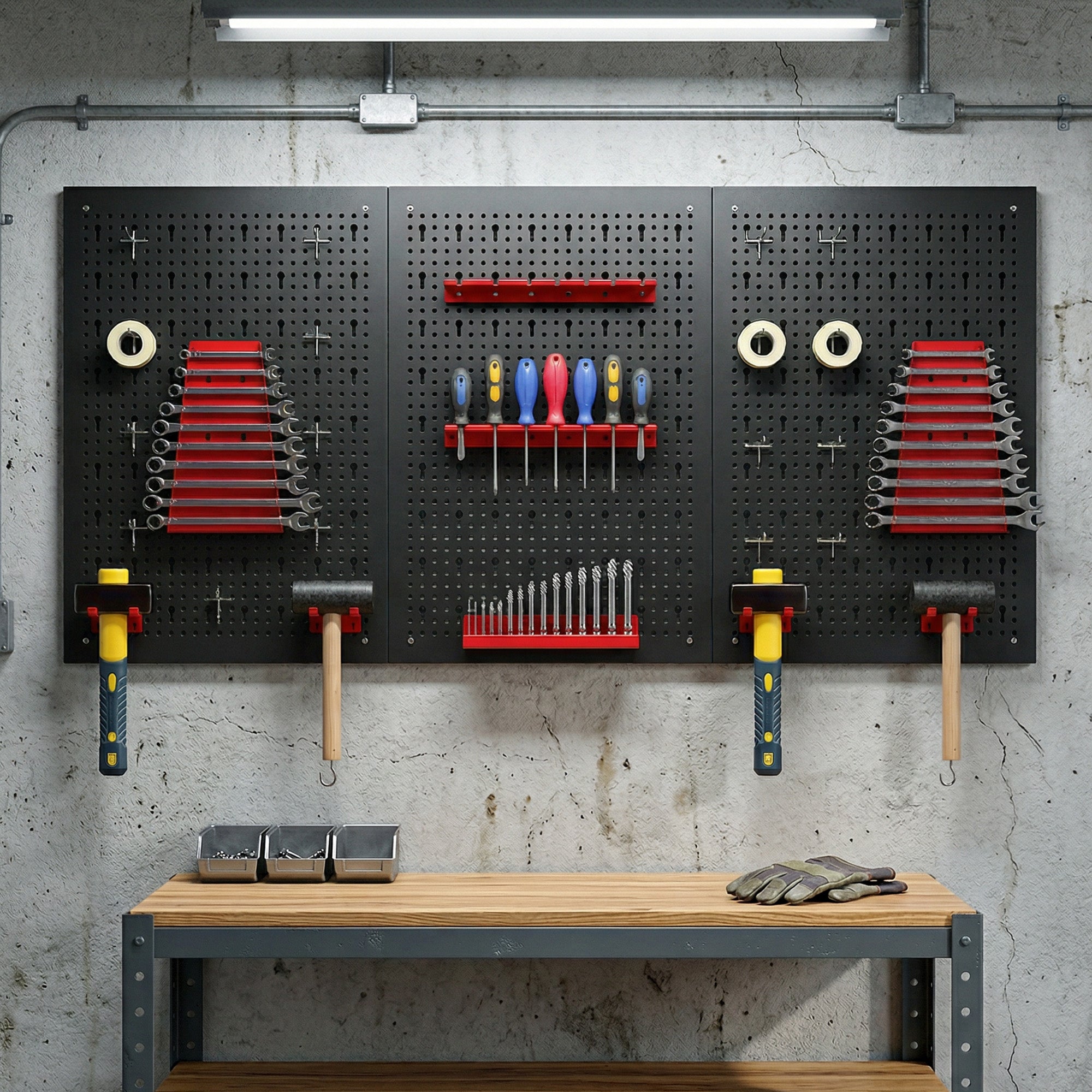 Wall Storage Pegboard System 23.6 x 15.7 in, 28-Piece Tool Rack with Hooks & Compartments, Black/Red