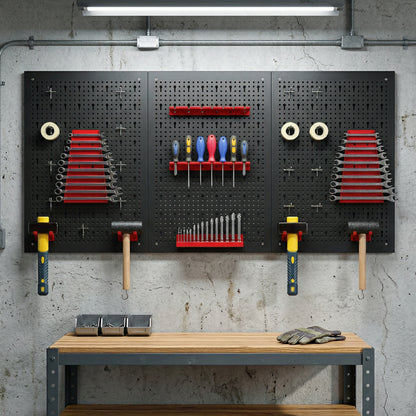 Wall Storage Pegboard System 23.6 x 15.7 in, 28-Piece Tool Rack with Hooks & Compartments, Black/Red