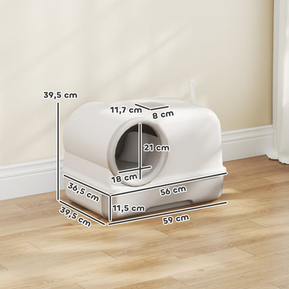 Covered Cat Litter Box with Hood & Scoop, Pull-Out Tray, 2 Activated Carbon Filters — White/Gray, for Cats up to 11 lb, 23.2 x 15.6 x 15.6 in