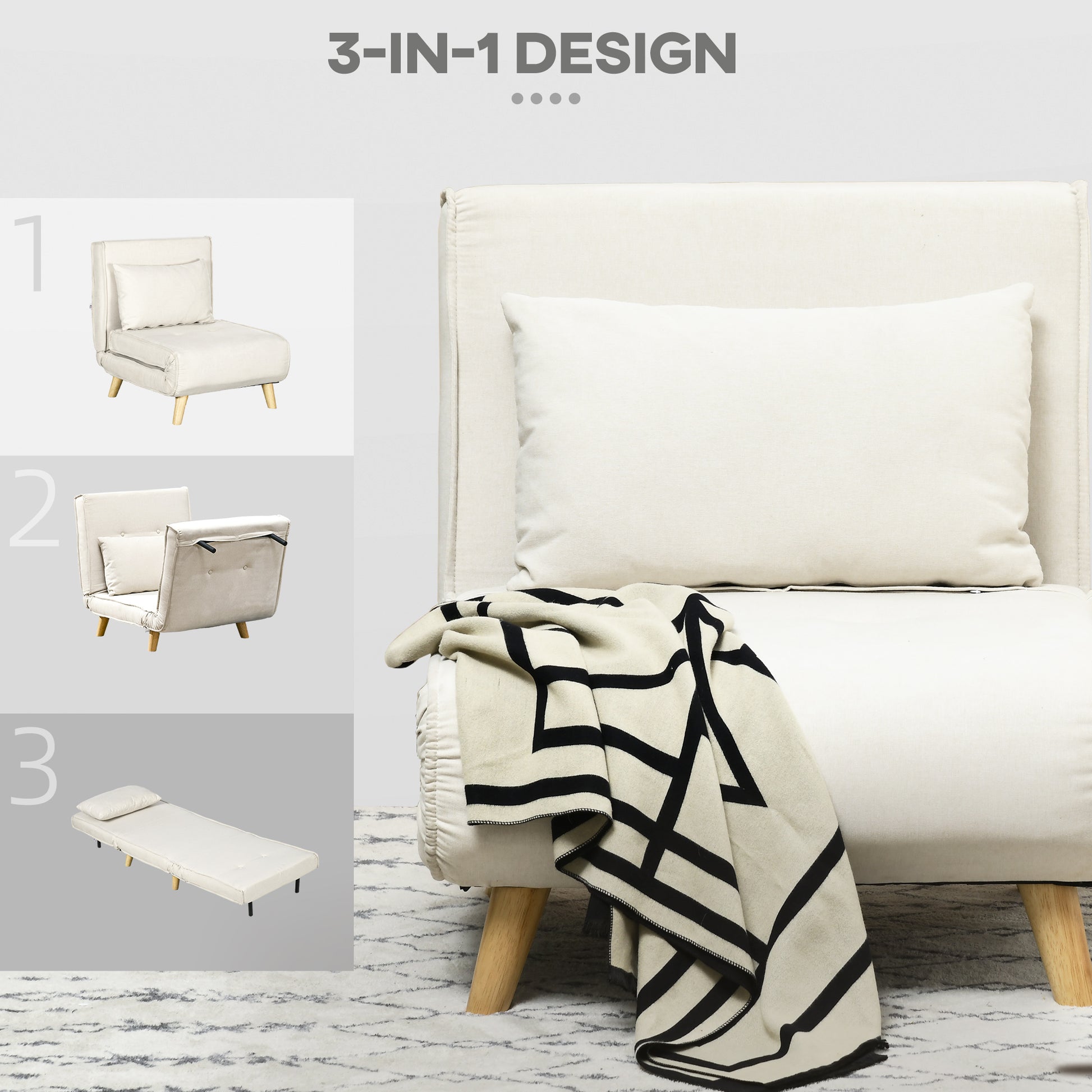 3 in 1 Sleeper Chair, Sofa Bed with Bed Function, Lumbar Pillow, Foldable Recliner with Adjustable Backrest Chaise Lounge in Linen Look, for Living Room, Cream