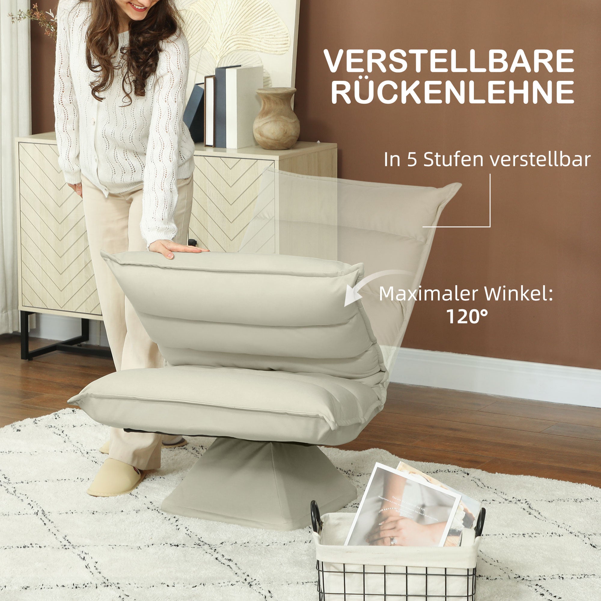 Floor Sofa Floor Chair with Adjustable Backrest, Rotating Meditation Chair, Recliner for Living Room, Office, Microfiber Fabric, Beige, 62 x 70 x 95 cm