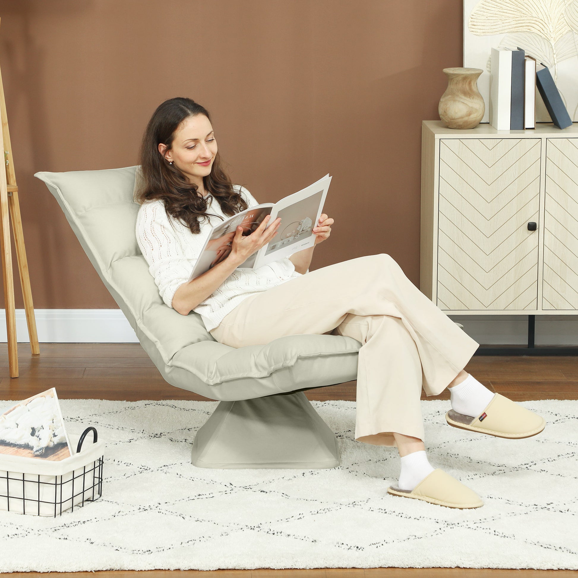 Floor Sofa Floor Chair with Adjustable Backrest, Rotating Meditation Chair, Recliner for Living Room, Office, Microfiber Fabric, Beige, 62 x 70 x 95 cm