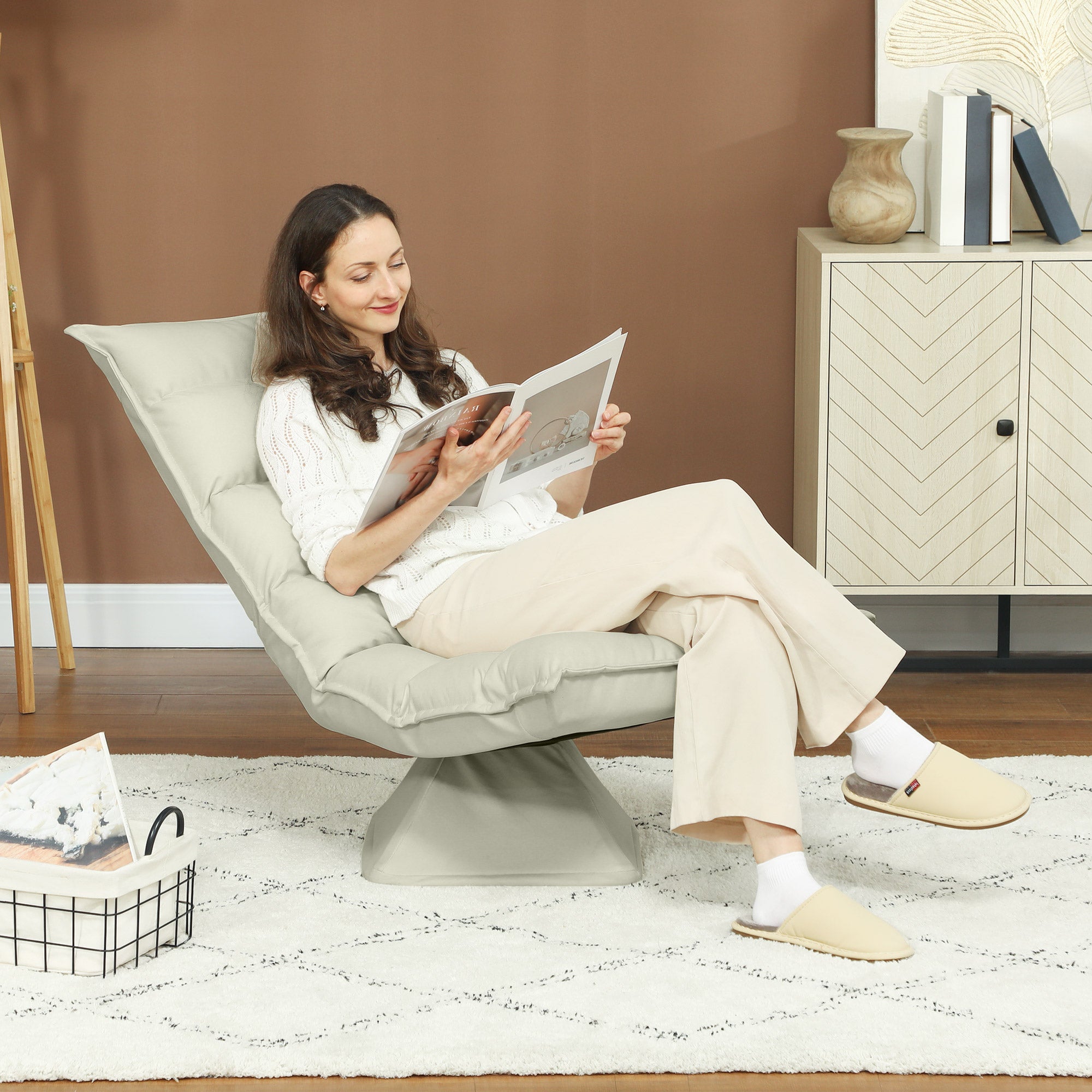 Floor Sofa Floor Chair with Adjustable Backrest, Rotating Meditation Chair, Recliner for Living Room, Office, Microfiber Fabric, Beige, 62 x 70 x 95 cm