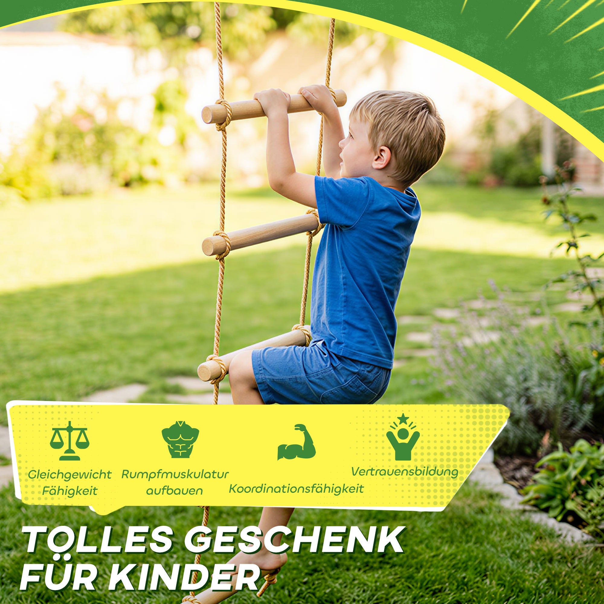 Ninja Line Kids 5-Rung Climbing Ladder & 1.8 m (5.9 ft) Slackline Set — Natural Wood, Includes 2 Carabiners & 2 Tree Straps (Ages 3–8)