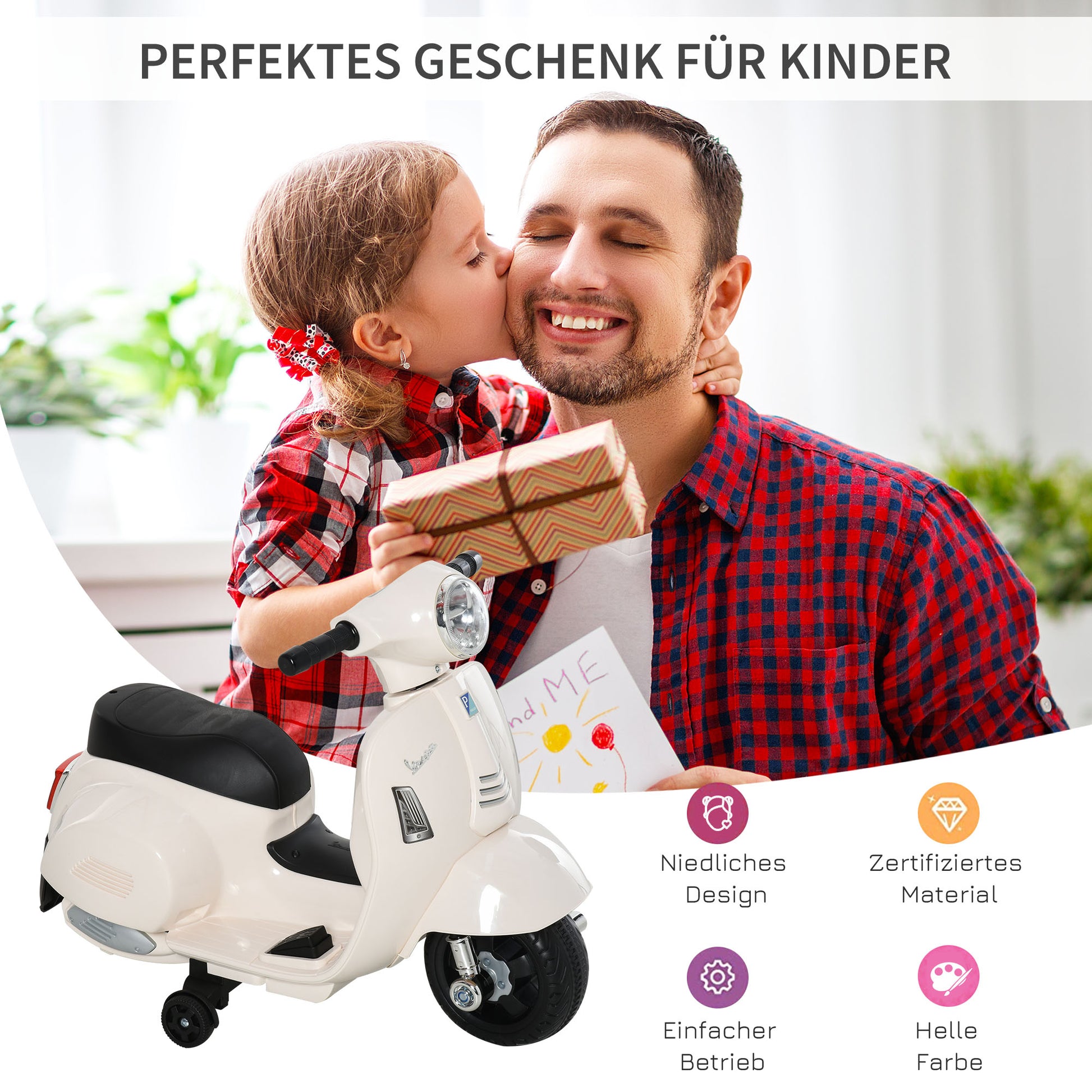 Kids Electric Vespa Motorcycle Electric Bike with LED Light, Sound, Children's Electric Motorcycle for Kids 18-36 Months White