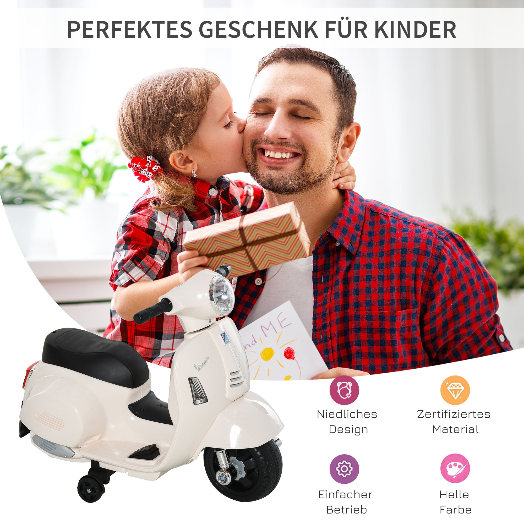 Kids Electric Vespa Motorcycle Electric Bike with LED Light, Sound, Children's Electric Motorcycle for Kids 18-36 Months White