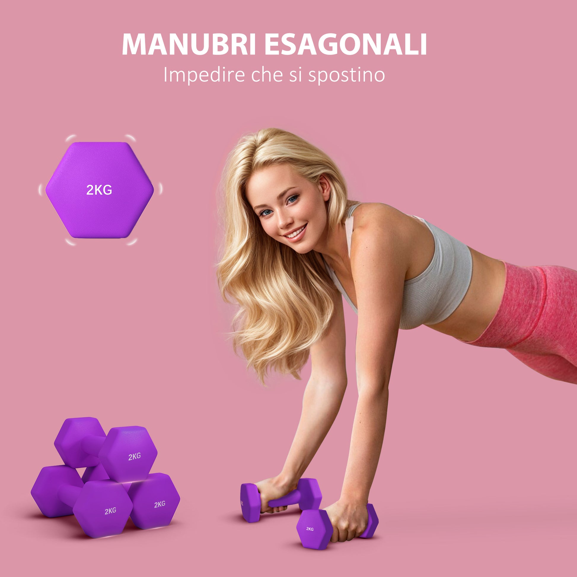 SPORTNOW Set of 2 Hexagonal Non-Slip Dumbbells 2x2 kg for Workout, Gym Weights in Metal and Plastic, 16x7.5x7.5 cm, Purple