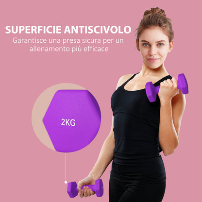 SPORTNOW Set of 2 Hexagonal Non-Slip Dumbbells 2x2 kg for Workout, Gym Weights in Metal and Plastic, 16x7.5x7.5 cm, Purple