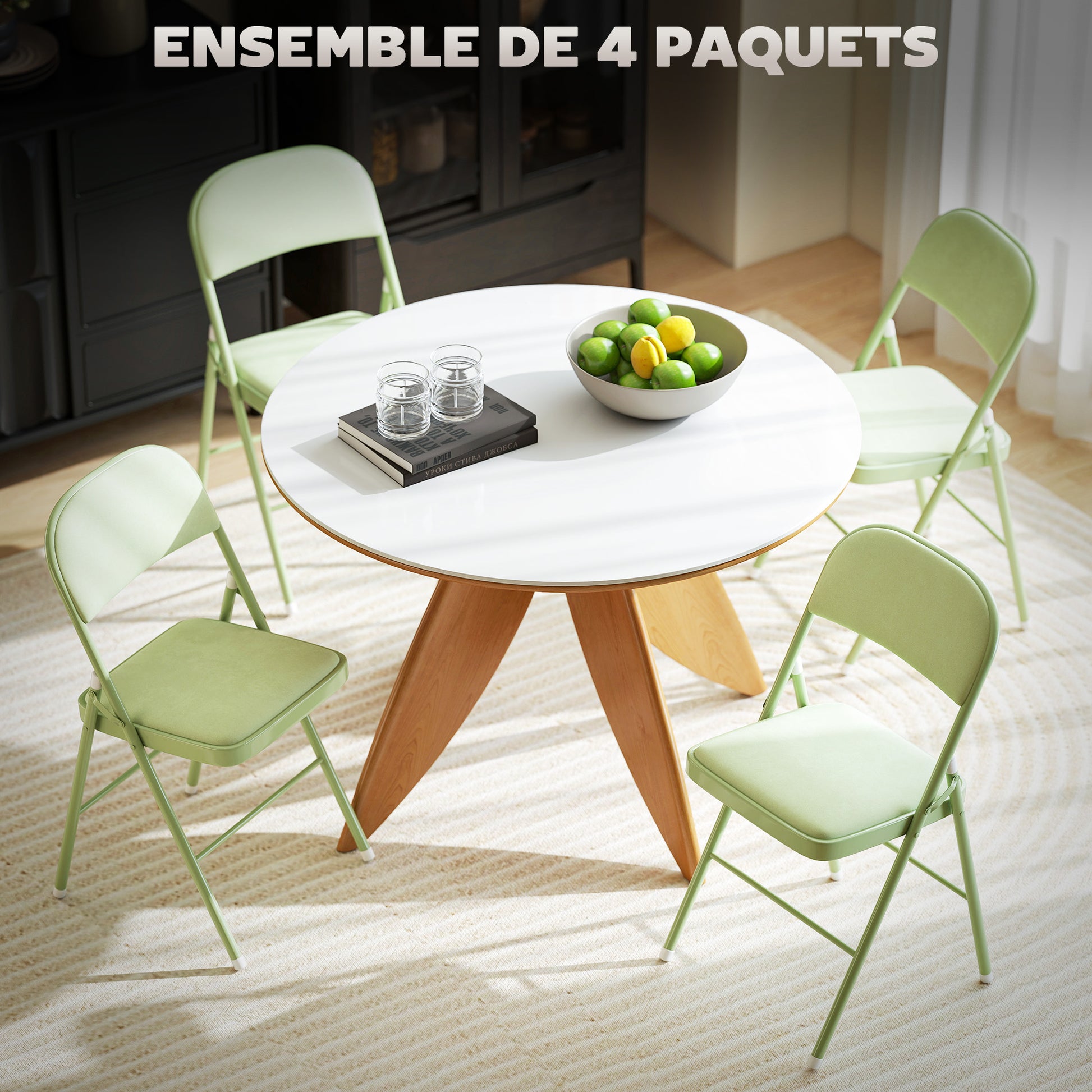 Set of 4 Folding Chairs Portable Dining Room Chairs Indoor with Velvet Upholstered Seats and Backrests, Steel Frame, Holds up to 120kg, Green