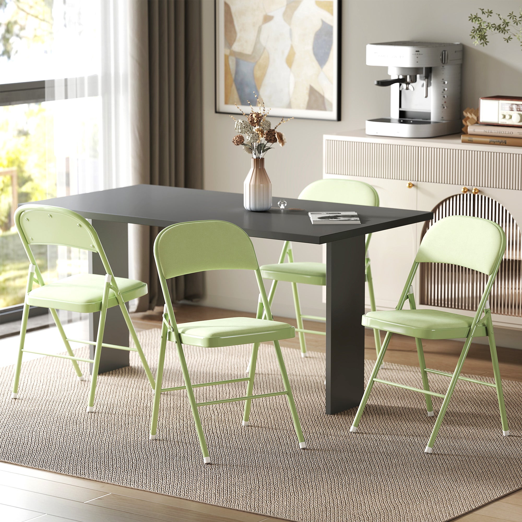 Set of 4 Folding Chairs Portable Dining Room Chairs Indoor with Velvet Upholstered Seats and Backrests, Steel Frame, Holds up to 120kg, Green