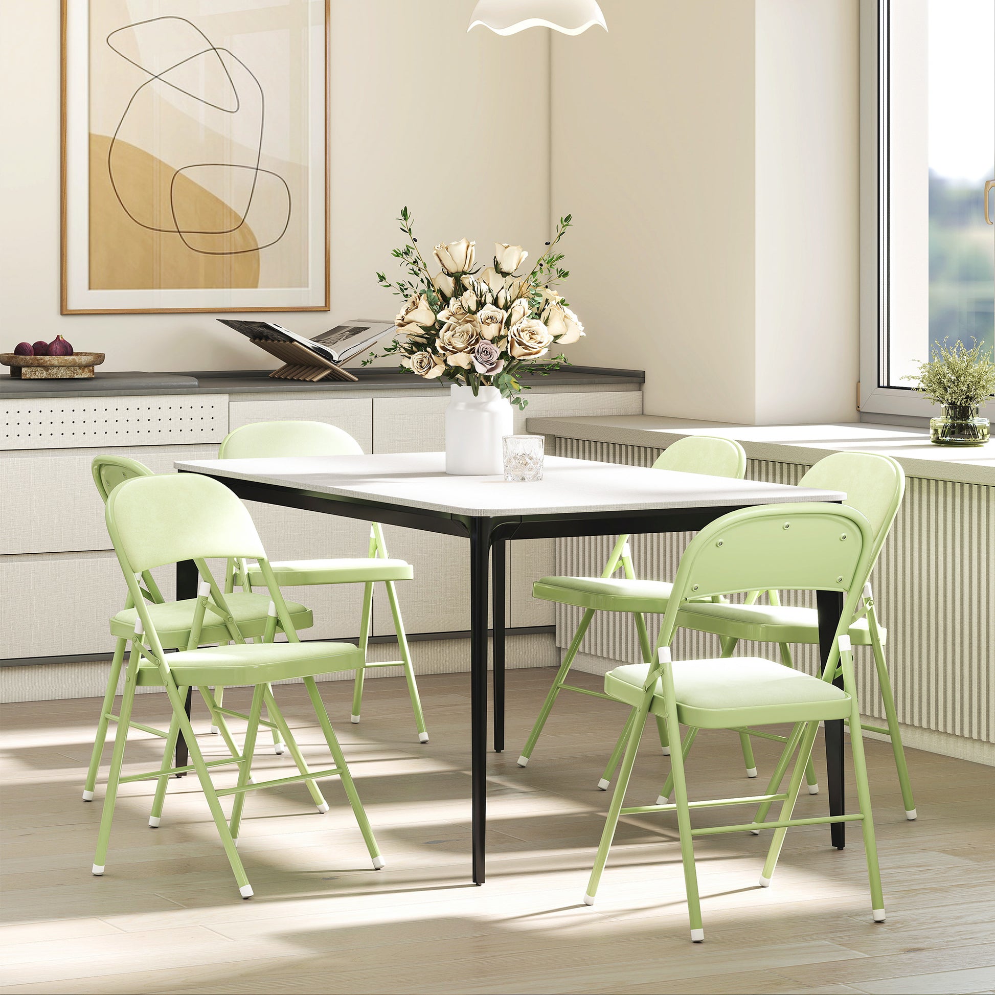Set of 4 Folding Chairs Portable Dining Room Chairs Indoor with Velvet Upholstered Seats and Backrests, Steel Frame, Holds up to 120kg, Green