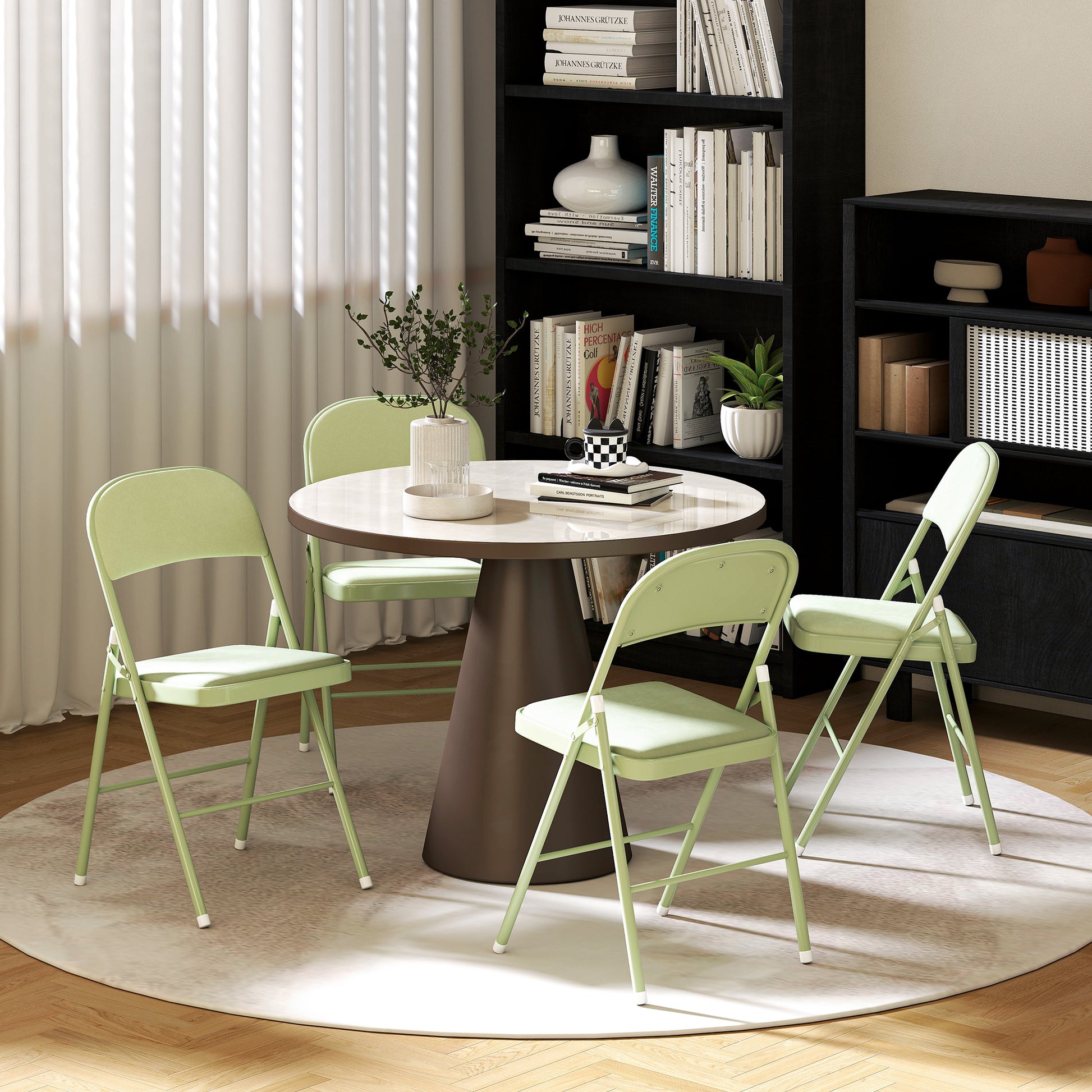 Set of 4 Folding Chairs Portable Dining Room Chairs Indoor with Velvet Upholstered Seats and Backrests, Steel Frame, Holds up to 120kg, Green