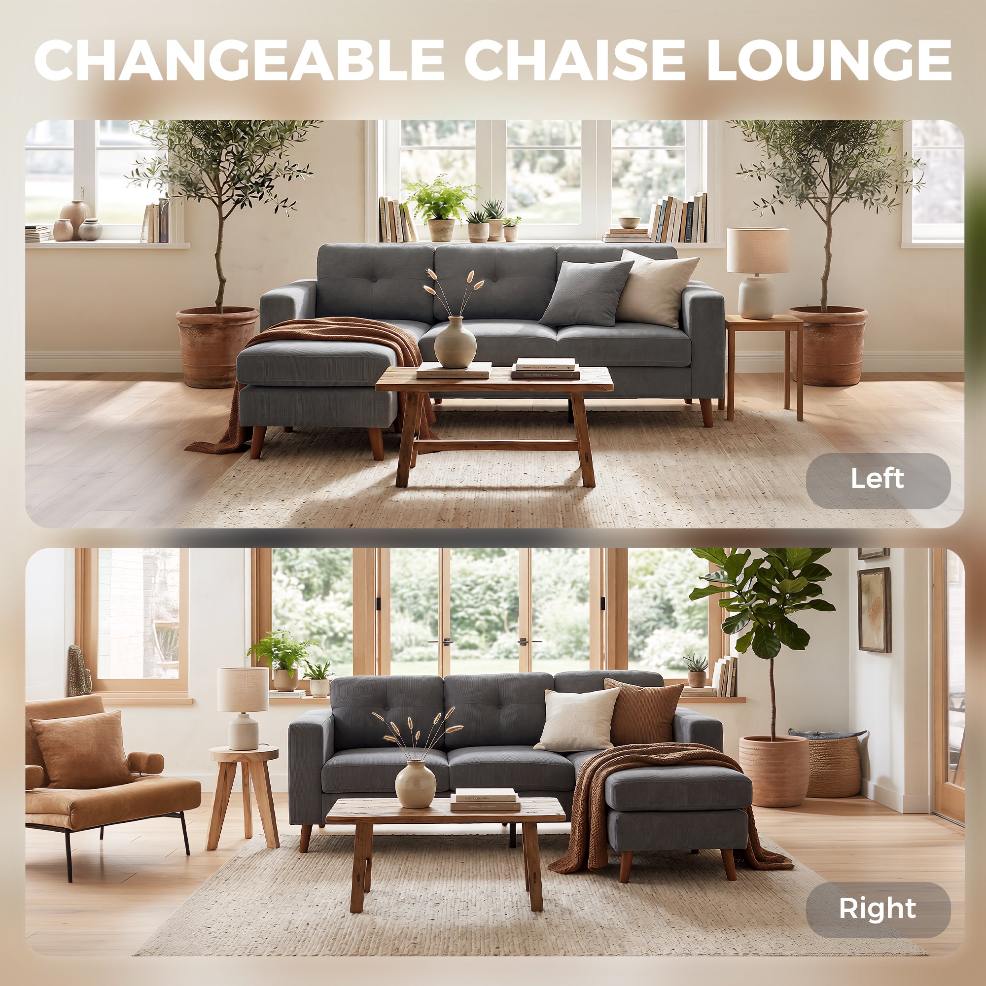 L-Shape Corner Sofa 192 cm (3-Seater) with Reversible Chaise, Corduroy Upholstery, Compact Corner Couch for Small Spaces, Living Room, Dark Gray