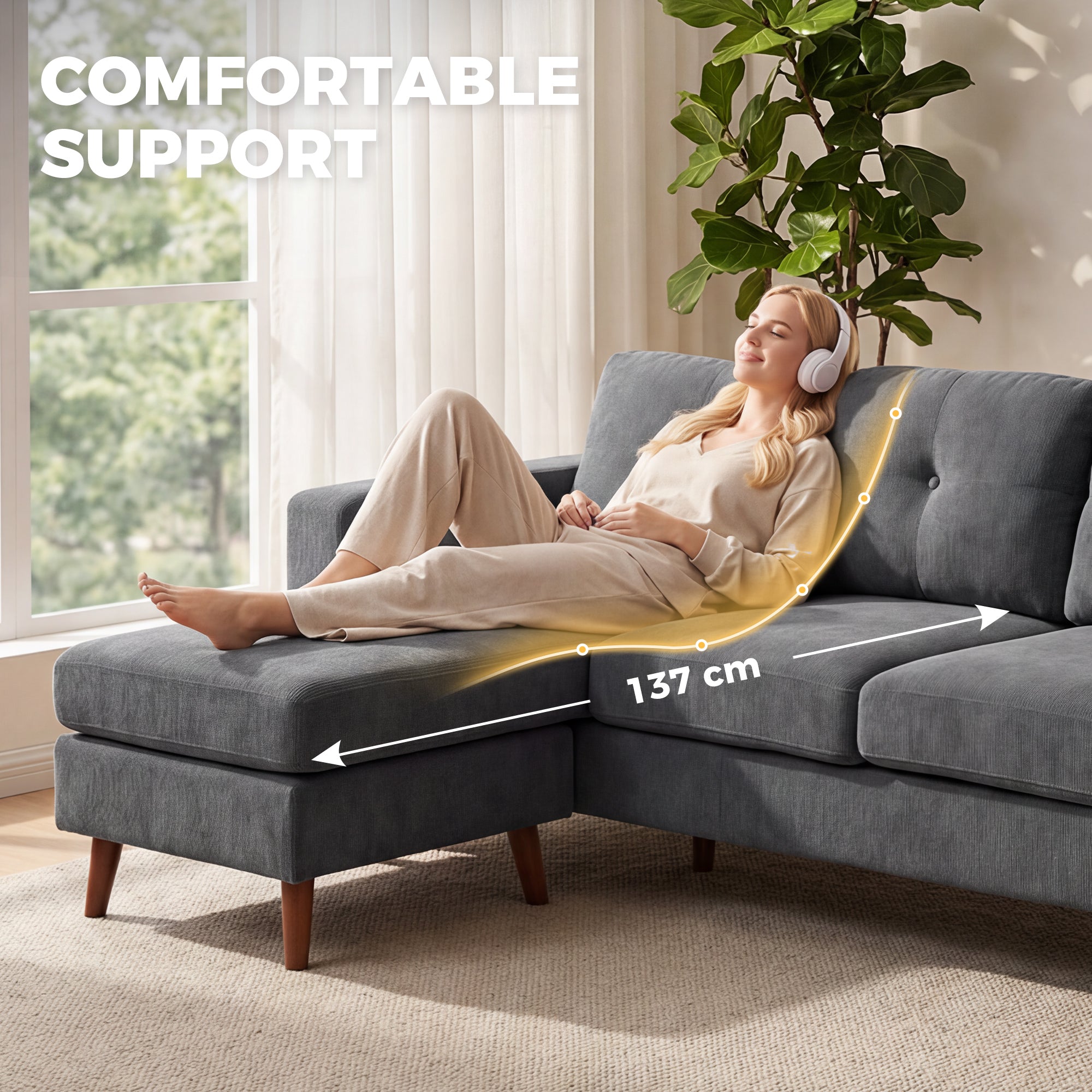L-Shape Corner Sofa 192 cm (3-Seater) with Reversible Chaise, Corduroy Upholstery, Compact Corner Couch for Small Spaces, Living Room, Dark Gray