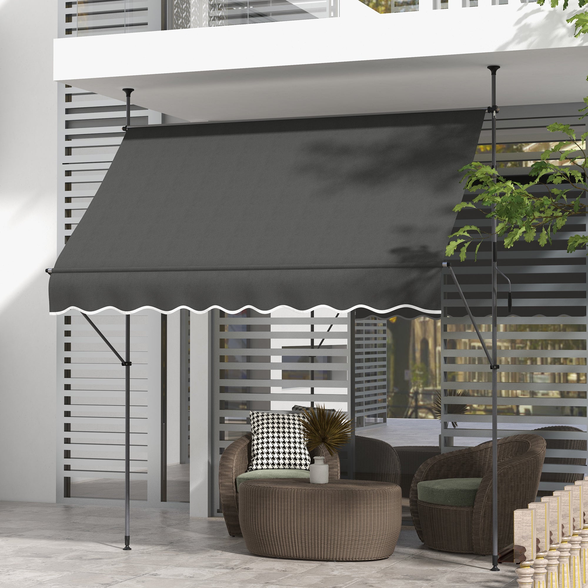 Retractable Manual Freestanding Awning Awning 2.5L x 1.2W x 2.1-3H m Adjustable Incline for Balcony Without Drilling Holes - Dark Gray Aluminum Metal Polyester